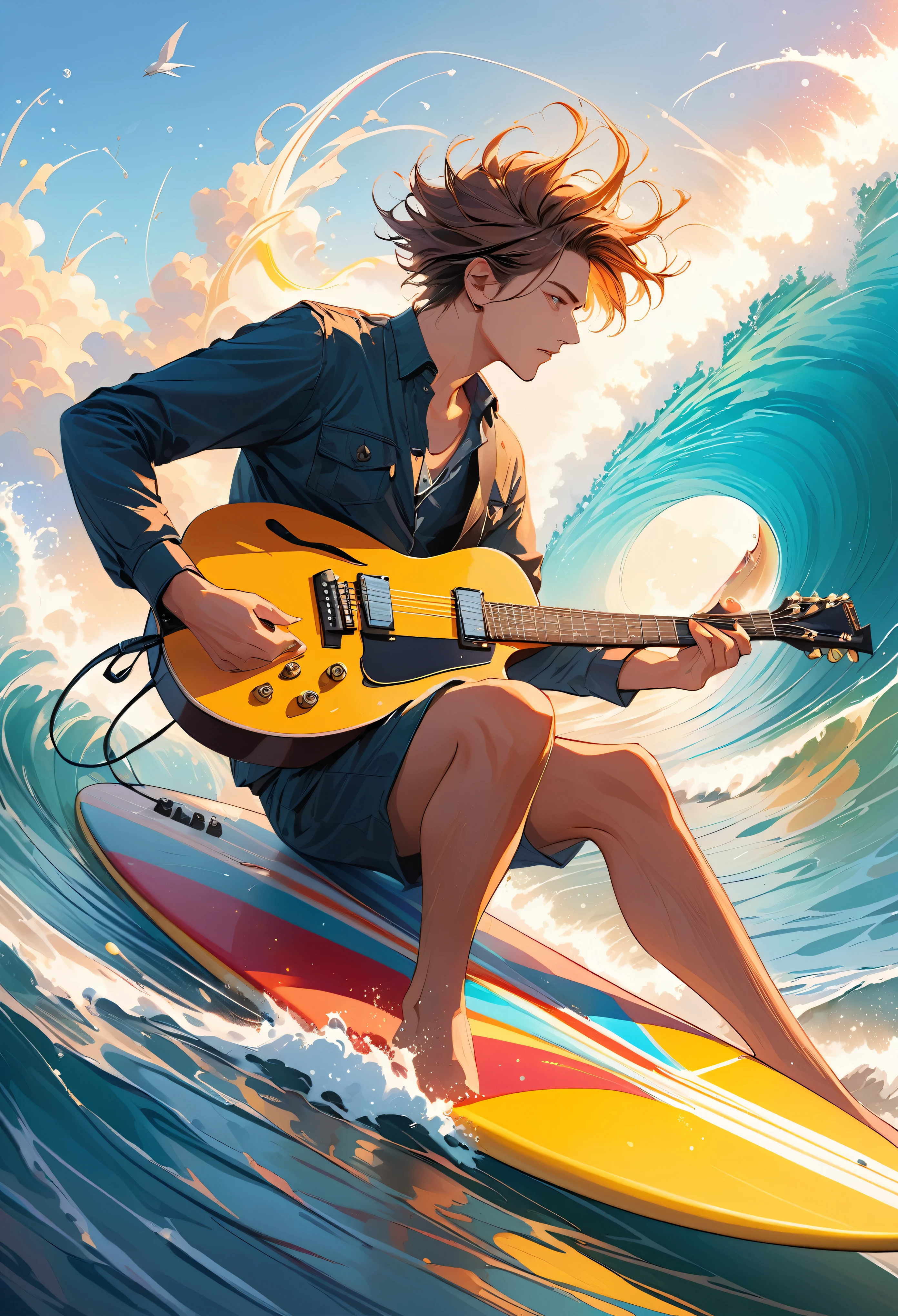 ((guitarist, Playing guitar and surfing, Playing guitar on a surfboard)), Dynamic composition, Approaching dynamism, Sharp focus, Sharpness, Detailed and clear depiction, Detailed and intricate brushwork, Very clear, Absurd aesthetics, Surrealism, Luxury Art, (Very clearな full color), Realistic photos, Raw photo, Absurd aesthetics, BREAK Remove excess noise, Engage your audience with every possible effect, Re-description, Very sharp, Very clear, Absurd aesthetics, 