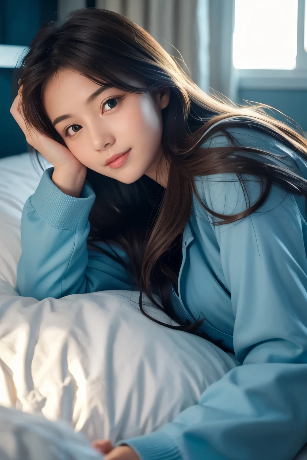 A young woman lying in bed、Looking at me with a relaxed expression、He is wearing a blue jacket over it。Light penetrates softly、It gives a beautiful highlight to her skin.。Her hair flows naturally over her shoulders、The overall atmosphere is calming.。This scene exudes relaxation and familiarity.。