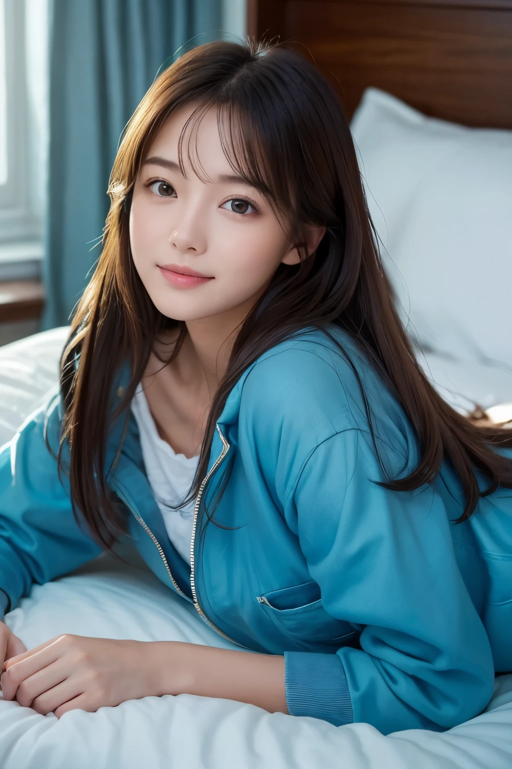 A young woman lying in bed、Looking at me with a relaxed expression、He is wearing a blue jacket over it。Light penetrates softly、It gives a beautiful highlight to her skin.。Her hair flows naturally over her shoulders、The overall atmosphere is calming.。This scene exudes relaxation and familiarity.。