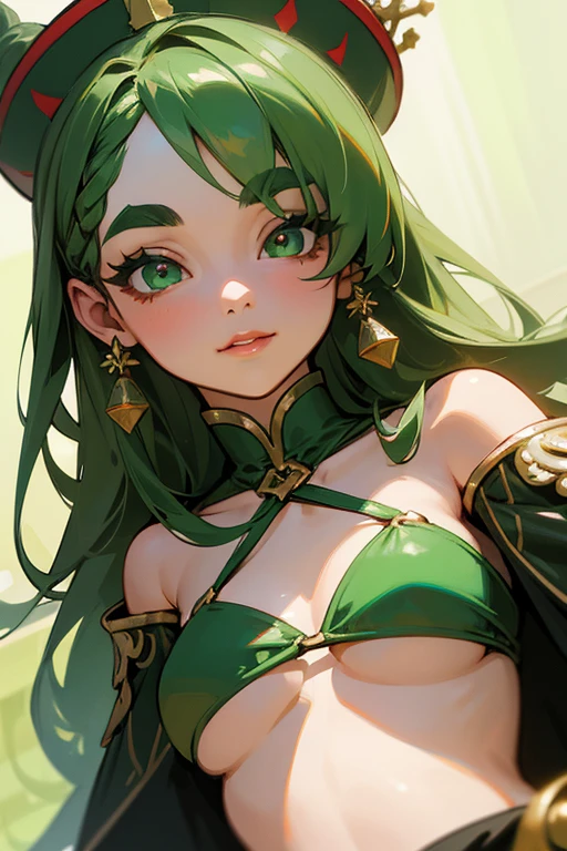 (highest quality, masterpiece:1.2), High resolution, Very detailed, Realistic:1.37, Fantasy, An illustration, Green Eyes、Queen, Red and green swimsuit、Platinum decoration、beautifully、Eyeshadow Red、Thick eyebrows、Long eyelashes、pupils are black、Her hair is dark green、Gold crown、Kissing Face、Embarrassing、Beloved by the crowd、Hair is green、Braiding、hair ornaments、Laugh gently、Close one eye、Wink、Wink、From the waist up、bikini、