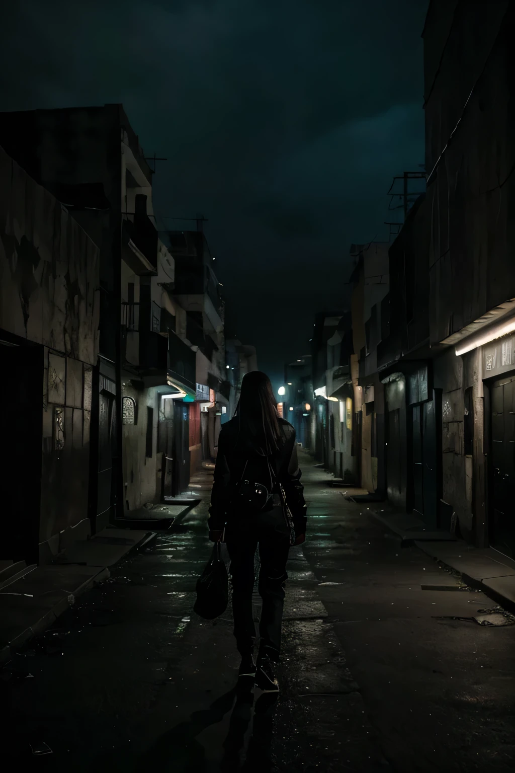 best quality,highres:1.2),dark,dystopian dramatic composition,intense atmosphereun un barrio con mal aspecto y que haya una persona caminando y que esta persona tenga aspecto de arquitecto haunting colors,harsh lighting,dynamic angles