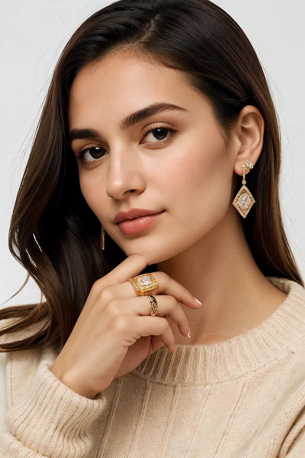 ((melhor qualidade)), ((Obra de arte)), (detalhado), 1 garota, shoulder to shoulder sweater, 1 woman wearing a gold ring with diamonds showing her hand, focus more on the woman's hand. make the same image with the best quality possible