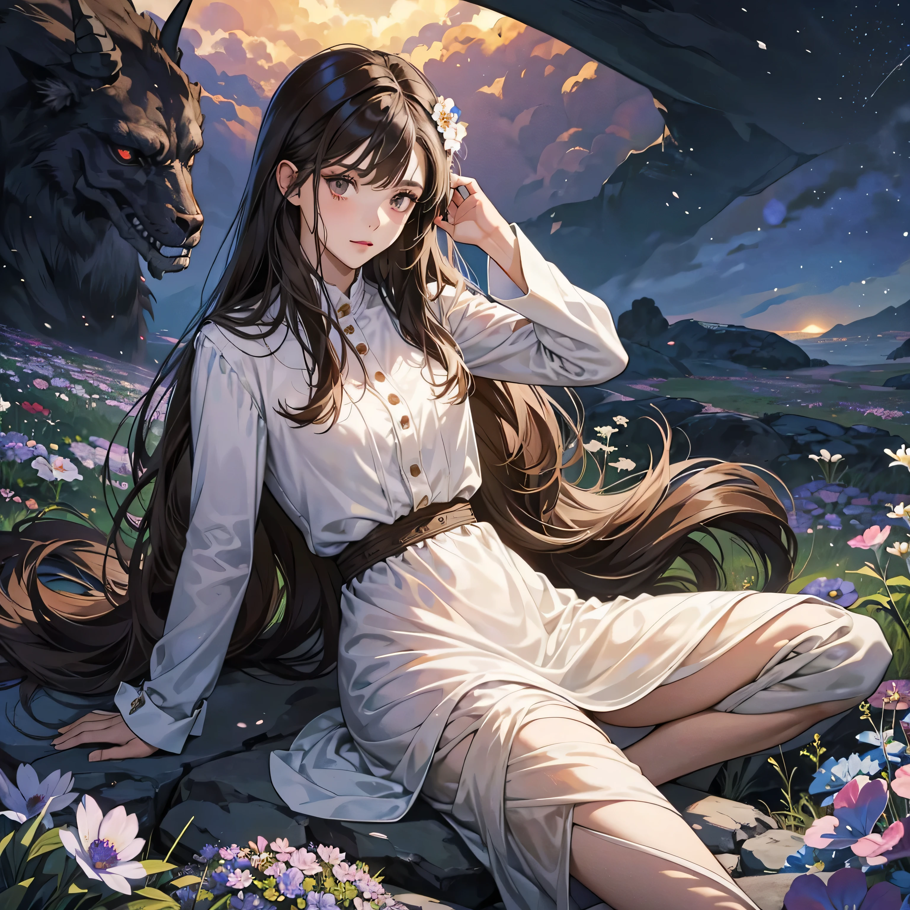 1girl, long dark brown hair, silver eyes, wearing devil's king costume, sitting on the rock, flower field, skeleton war background, looking at viewer, medium shot
