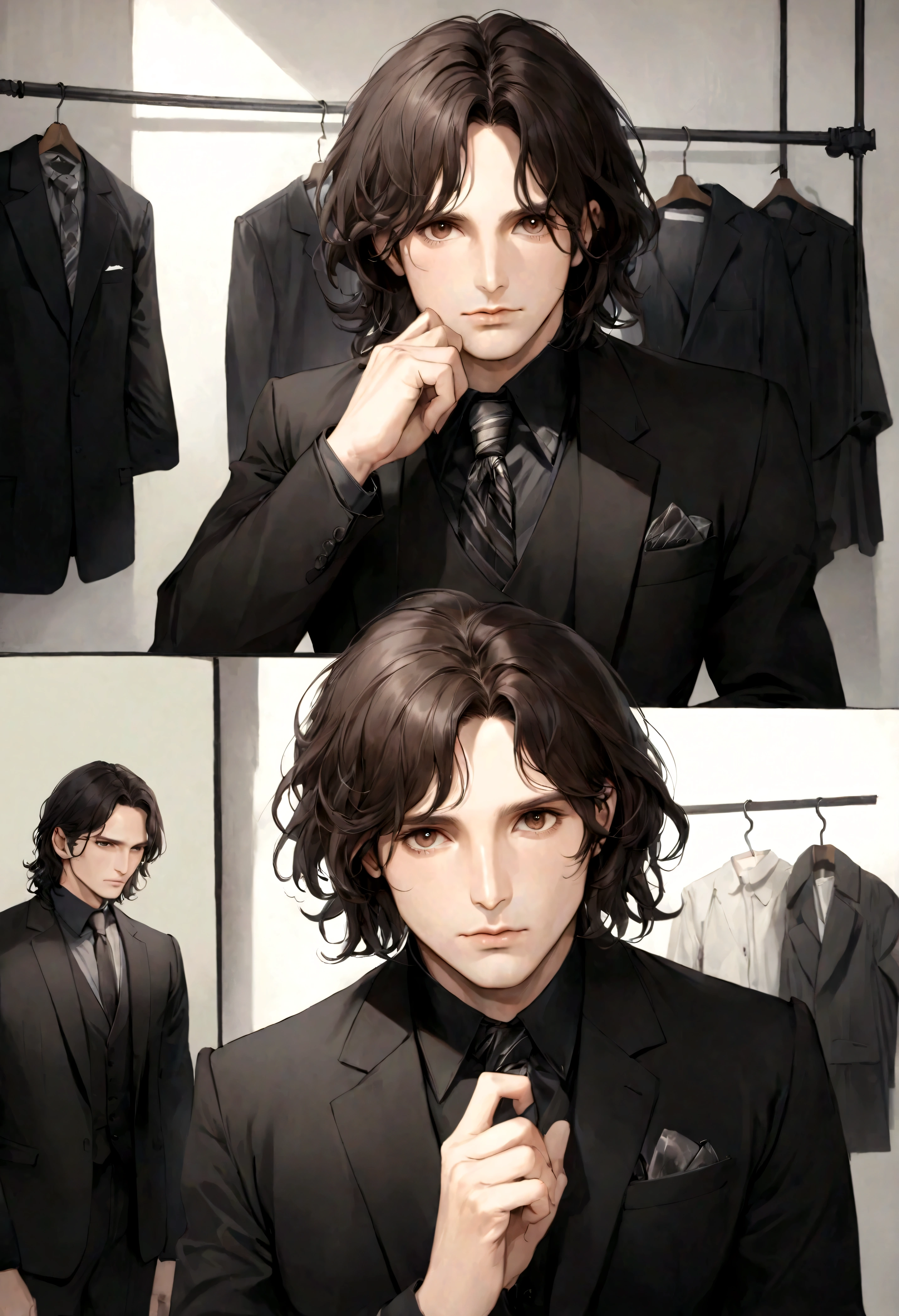 (traje de etiqueta para hombre), ), (con poca barba,) (ojos color cafe claro), Aspecto atractivo y serio, Dark brown hair, Elegante y con estilo, Un hombre similar al actor Jim Morrison, (Imagen realista y de alta calidad), Apartamento escandinavo en el fondo estilo estudio, ((La mejor calidad, 8K, obra maestra).((dynamic pose))