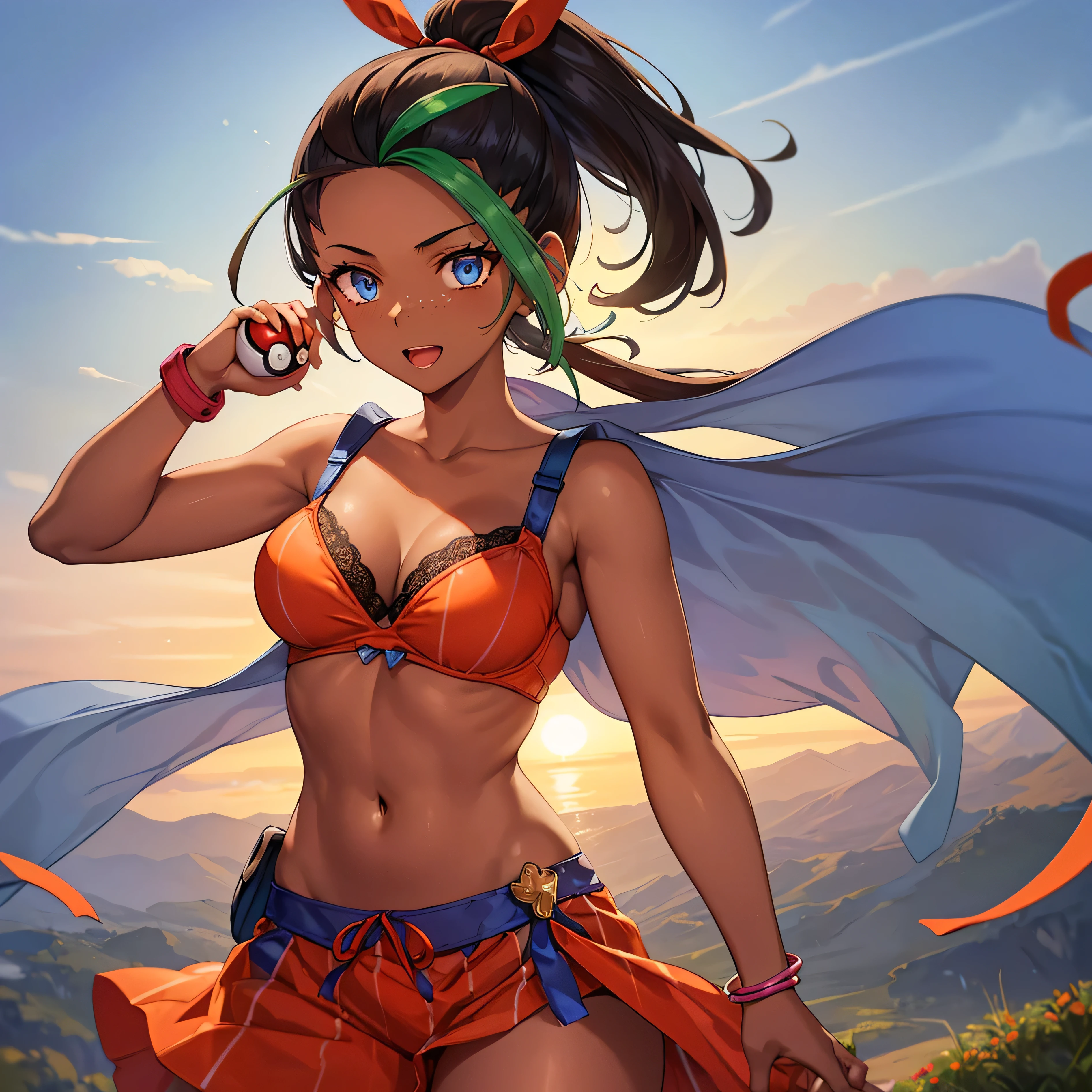 (masterpiece:1.2), (best quality), (ultra detailed), (8k, 4k, intricate),(full-body-shot:1), (highly detailed:1.2),(detailed face:1.2), (detailed background),detailed landscape, ((portrait)), (dynamic pose:1.2) nemona, 1girl, (dark skin, dark-skinned female:1.5), ponytail, long hair, freckles, 1girl, ((solo)), breasts, looking at viewer, smile, open mouth, blue eyes, brown hair, shirt, ribbon, jewelry, large breasts, skimpy orange bra, skimpy orange panties, clothes with transparencies, nsfw, collarbone, hair ribbon, cowboy shot, hairband, bracelet, red ribbon, hand on hip, index finger raised, poke ball, poke ball (basic), bow hairband,