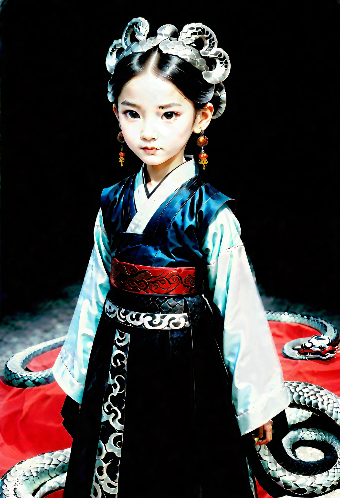 Children Photography,high angle,whole body,A girl wearing Hanfu next to the black snake dragon,8 year-old,Wearing earrings and a delicate hairpin,Chinese culture theme style, miao cloth, sliver necklace, big sliver necklace, silverheadpiece, Fluid photography,8k resolution,hazy atmosphere,exquisite clothing, black and red, --style raw --ar 9:16