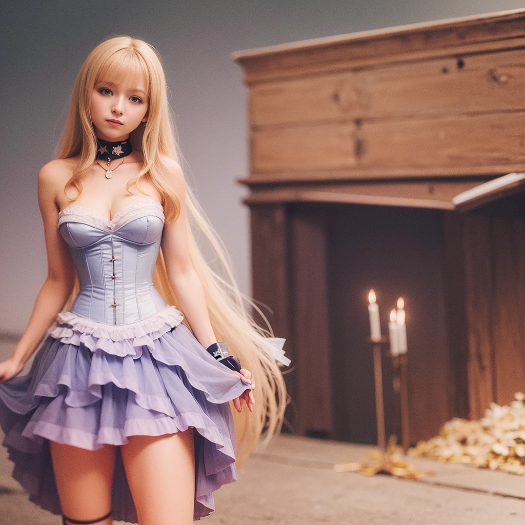 (masterpiece, best quality:1.2), cowboy shot, solo, 1girl, sheryl nome, smile, closed mouth, looking at viewer, strapless dress, corset, layered skirt, thighhighs, bare shoulders, outer space, star (sky)