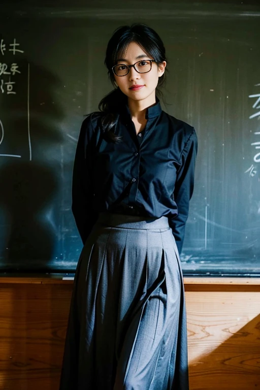 Japanese Mature、Aunt with glasses、55 years old、Maxi length tight skirt、elementaryschool teacher、Bewitching atmosphere、standing in front of the blackboard while teaching、