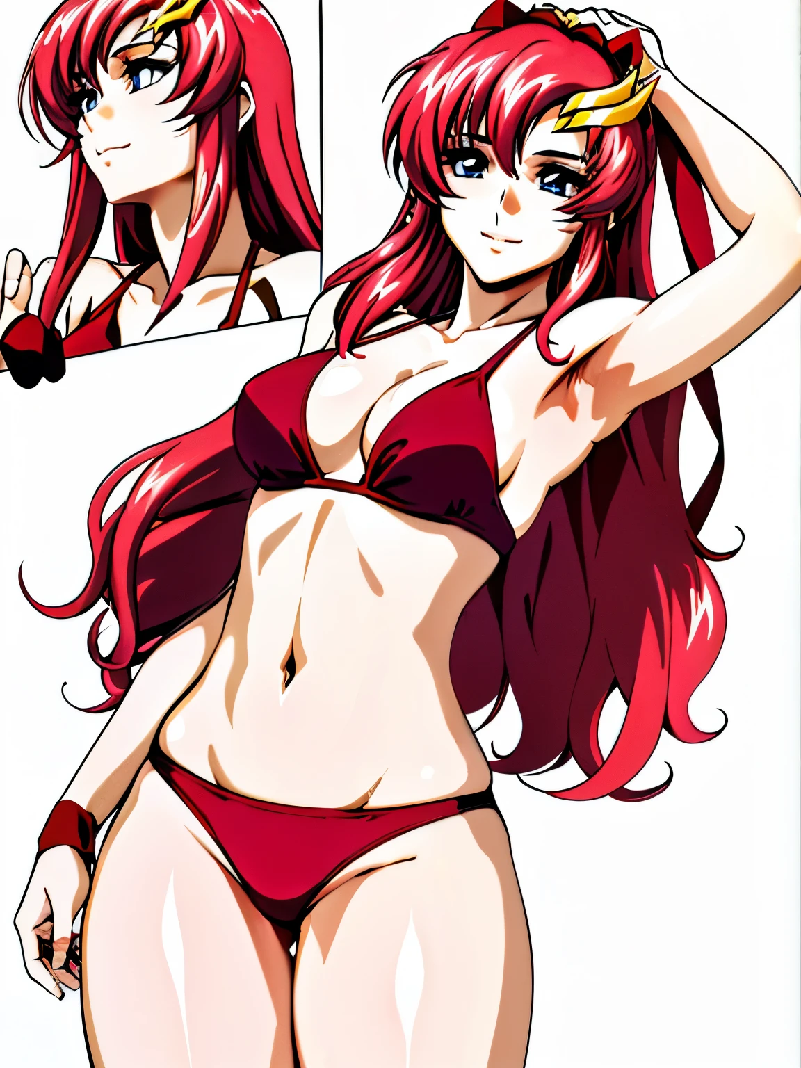 lacus4, (red bikini, running, thong, tall girl, masterpiece, cowboy shot, very slim shoulders, 4K, Best Quality, Anime style: 1.9, happy, Adult Woman, (ultra detailed head), (Drawing lines, high resolution, lacus4), 1girl, Solo, Long hair, clavicle, scapular, (Detailed wide hair bangs, Hair Ornament, Detailed reddish-pink hair, shiny streaks, slim arms, detailed golden crest), cleavage, arms up, large hands, (hair cover shoulders). (Big blue eyes, shiny eyes), ((female wrestler, (slim body), slim arms, thighs)), ((perfect proportions, medium-small breasts, medium thighs, long belly)), ((totally red bikini)), smile with a wink, (standing, hot colors, closed fists), detailed fingers, (bare shoulders), (background: simple white background only)