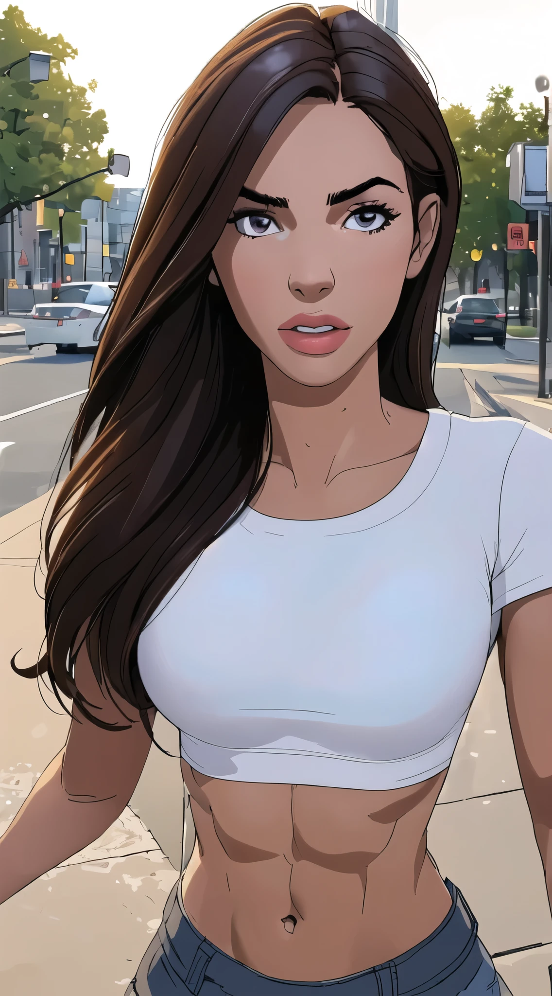 ((Realistic lighting, Best quality, 8K, Masterpiece: 1.3)), Clear focus: 1.2, 1girl, Perfect Figure: 1.4, Slim Abs: 1.1, ((Dark brown hair)), (White crop top: 1.4), (Outdoor, Night: 1.1), City streets, Super fine face, Fine eyes, Double eyelids, epic breasts, muscular