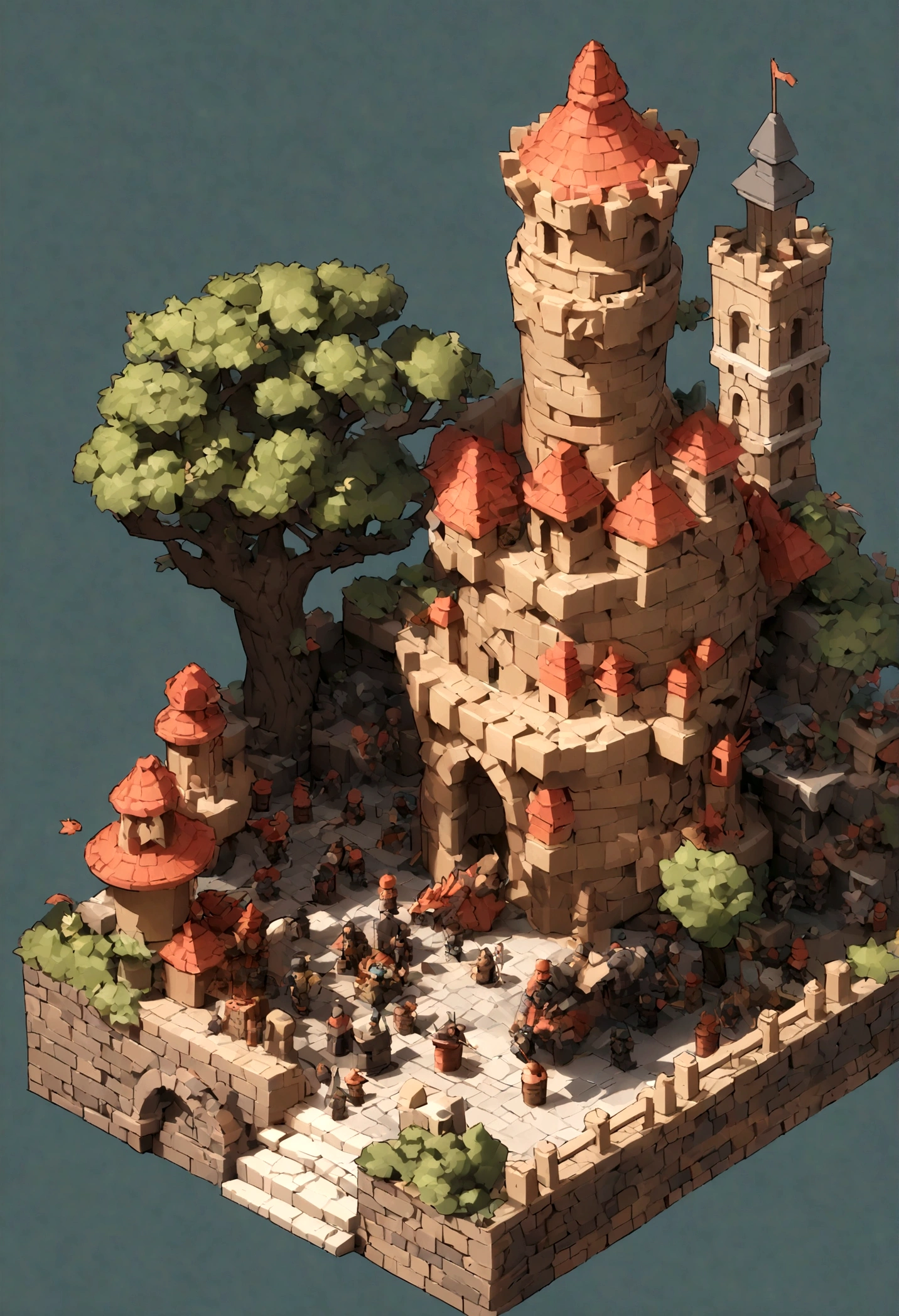 absurdres, best quality, fantasy, isometric, knolling style of (miniature brick round tower:1.2,large dragon,Soldier), tree, stone wall, (simple background:1.2),