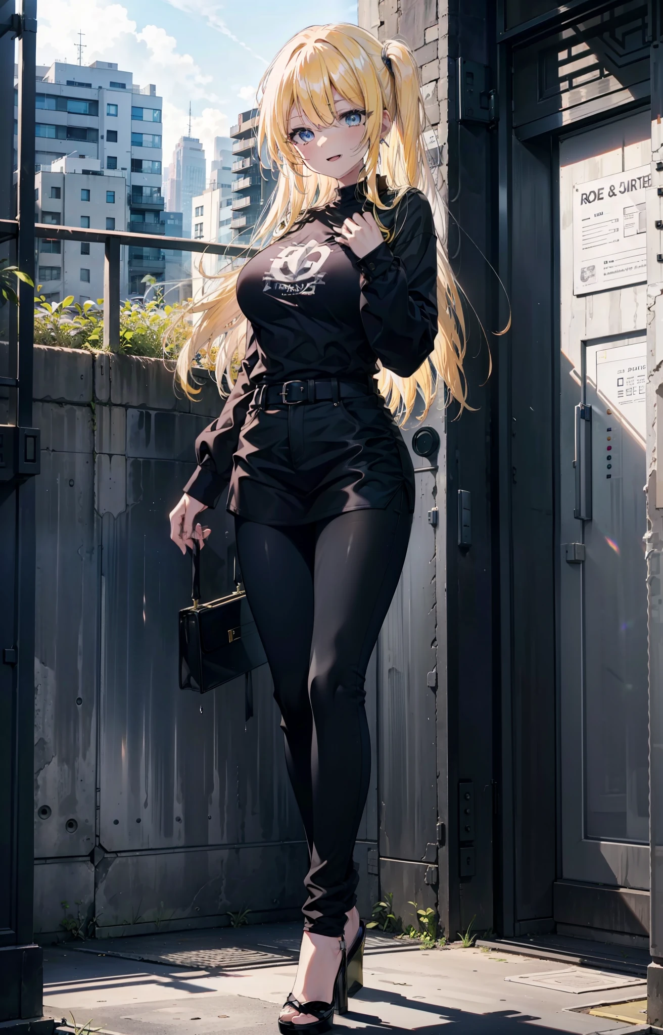 Eliase, catalyst, Yellow Hair, blue eyes,Long Hair,happy smile, smile, Open your mouth, Oversized black y-shirt,Big Breasts,black skinny pants,Stiletto heels,morning,morning陽,The sun is rising,walking,whole bodyがイラストに入るように,
break looking at viewer,whole body,
break outdoors, In town,
break (masterpiece:1.2), highest quality, High resolution, unity 8k wallpaper, (figure:0.8), (Beautiful fine details:1.6), Highly detailed face, Perfect lighting, Highly detailed CG, (Perfect hands, Perfect Anatomy),