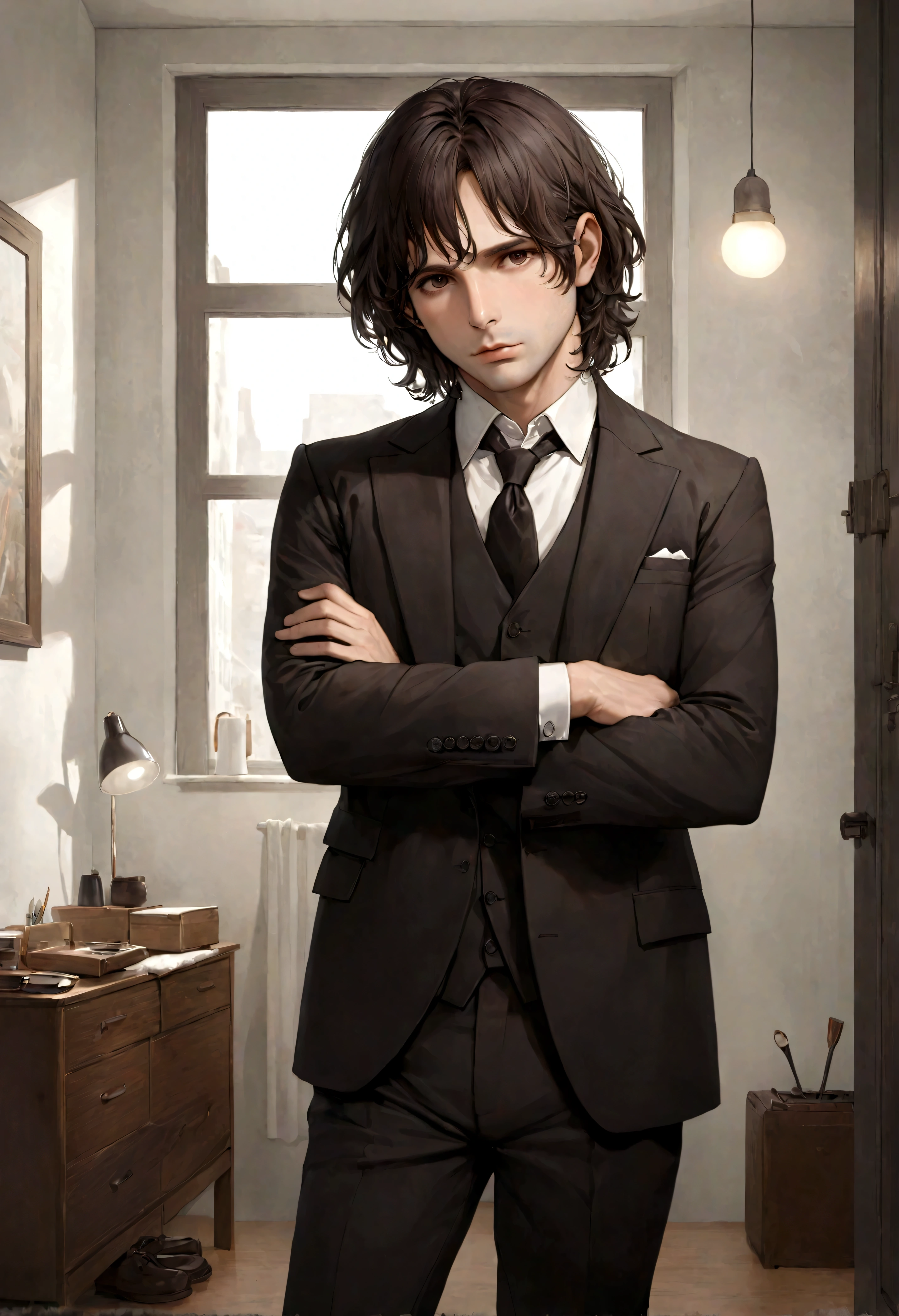 (traje de etiqueta para hombre), ), (con poca barba,) (ojos color cafe claro), Aspecto atractivo y serio, Dark brown hair, Elegante y con estilo, Un hombre similar al actor Jim Morrison, (Imagen realista y de alta calidad), Apartamento escandinavo en el fondo estilo estudio, ((La mejor calidad, 8K, obra maestra).((dynamic pose))