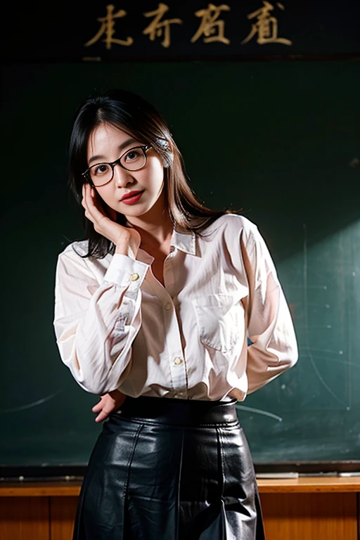 Japanese Mature、Aunt with glasses、55 years old、Maxi length tight skirt、Realistic facial wrinkles、Heavy makeup、elementaryschool teacher、Bewitching atmosphere、standing in front of the blackboard while teaching、