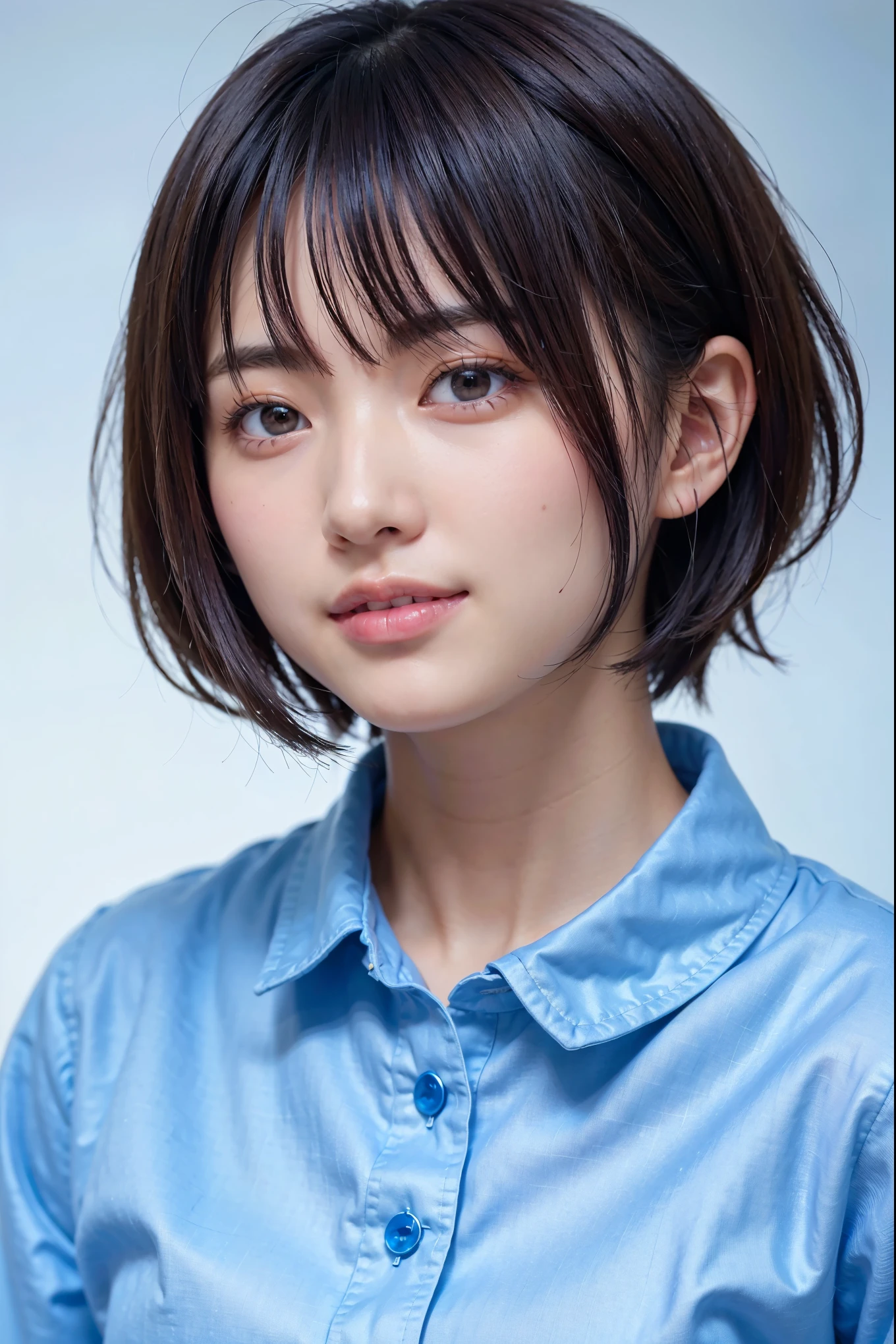 1 very cute girl、12 years old、short hair、Gray Hair、Adds moisture to your hair、Reduces hair volume、Blue background、Upper Body、(head shot:1.5)、Eyes focus、Collared shirt、Laughter、、(8k、RAW Photos、highest quality、masterpiece:1.2)、(Realistic、Realistic:1.3)、Hmph、The depth of the written world、Wide Light、High Contrast、(Shine:1.4)、chromatic aberration、Sharp focus、RAW color photos、Cinema Lighting、8K resolution、