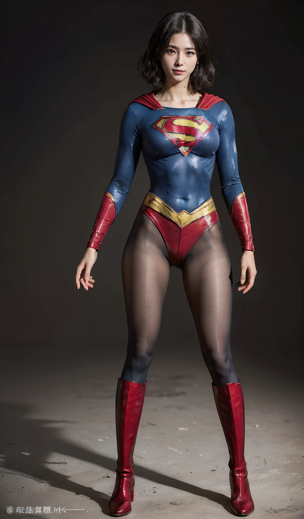 No background、(((Beautiful legs in black tights.)))、(((Legally express the beauty of your smile)))、((((Make the most of your original images)))、(((Supergirl Costume)))、(((Beautiful Short Hair)))、(((suffering)))、(((Please wear black tights....、Wear red boots)))、((Best image quality、8k))、((highest quality、8k、masterpiece:1.3))、(((Preserve background )))、Sharp focus:1.2、Beautiful woman with perfect figure:1.4、Slim Abs:1.2、Wet body:1.5、Highly detailed face and skin texture、8k