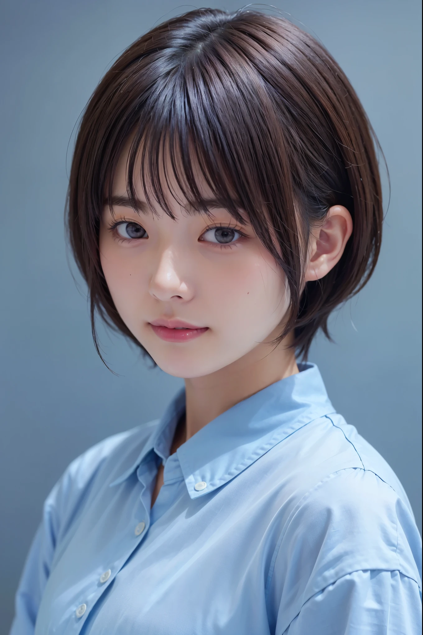 1 very cute girl、************、short hair、Gray Hair、Adds moisture to your hair、Reduces hair volume、Blue background、Upper Body、(head shot:1.5)、Eyes focus、Collared shirt、Laughter、、(8k、RAW Photos、highest quality、masterpiece:1.2)、(Realistic、Realistic:1.3)、Hmph、The depth of the written world、Wide Light、High Contrast、(Shine:1.4)、chromatic aberration、Sharp focus、RAW color photos、Cinema Lighting、8K resolution、