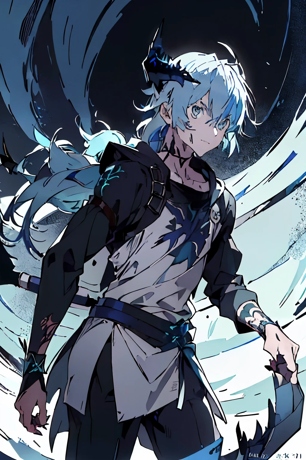 a 1.80 tall anime man (long silver hair) with (green eyes) with (an x-shaped scar on his forehead) and (several tattoos on his body with a blue color but the most striking is the one that resembles a dragon on his back) 

clothes (he wears a torn cloak and breastplate together and shoulder pads made from ancient plates with the symbol of two dragons) (black pants 

your weapon (it's a bow made of black steel with blue runes that attaches to a blue stone in the middle of the bow)