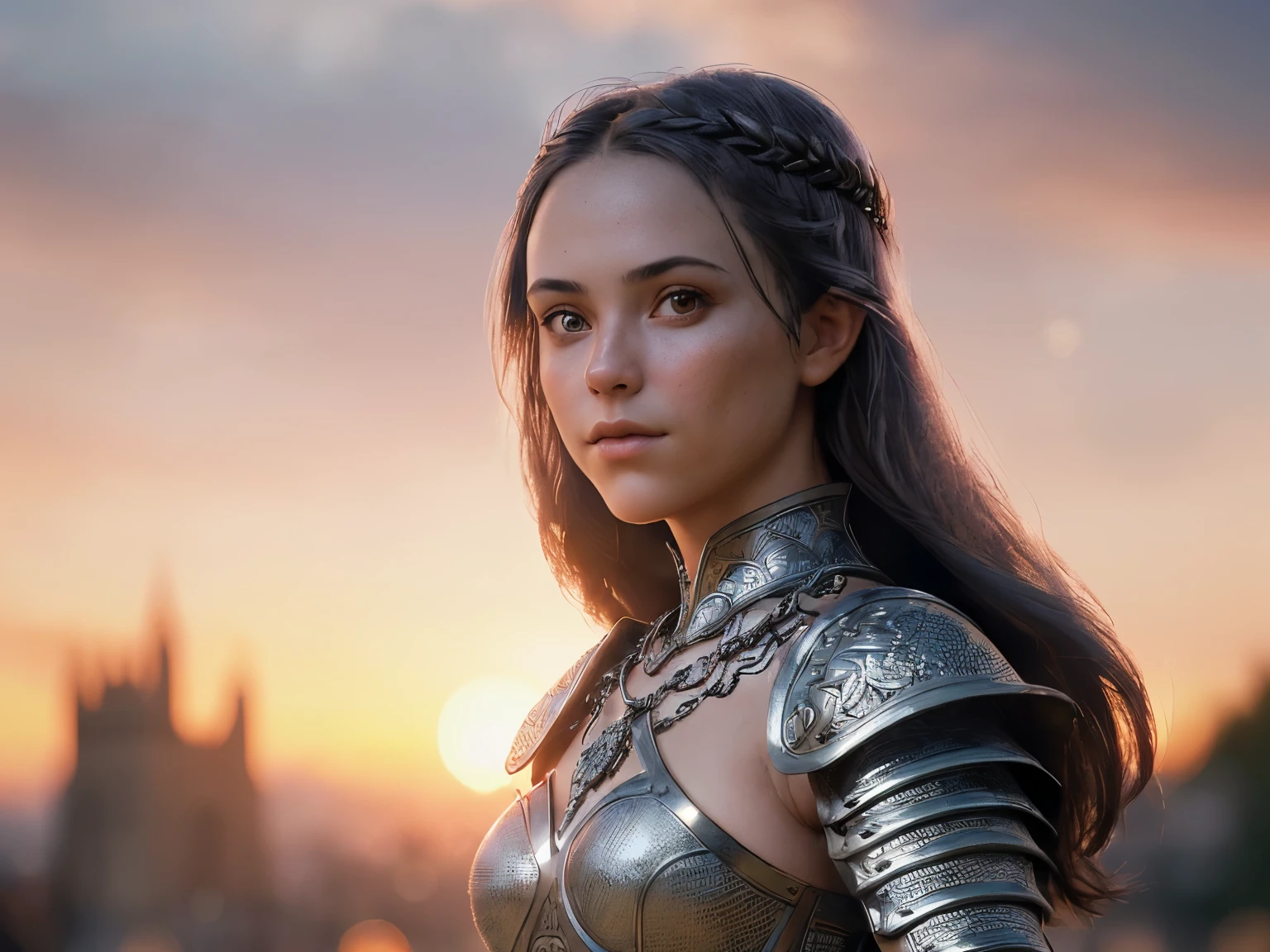 (masterpiece), (extremely intricate:1.3), (realistic), portrait of a girl, small smile, (medieval armor), metal reflections, upper body, outdoors, intense sunlight, far away castle, professional photograph of a stunning woman detailed, sharp focus, dramatic, award winning, cinematic lighting, octane render  unreal engine,  volumetrics dtx, (film grain, blurry background, blurry foreground, bokeh, depth of field, sunset, motion blur:1.3), chainmail