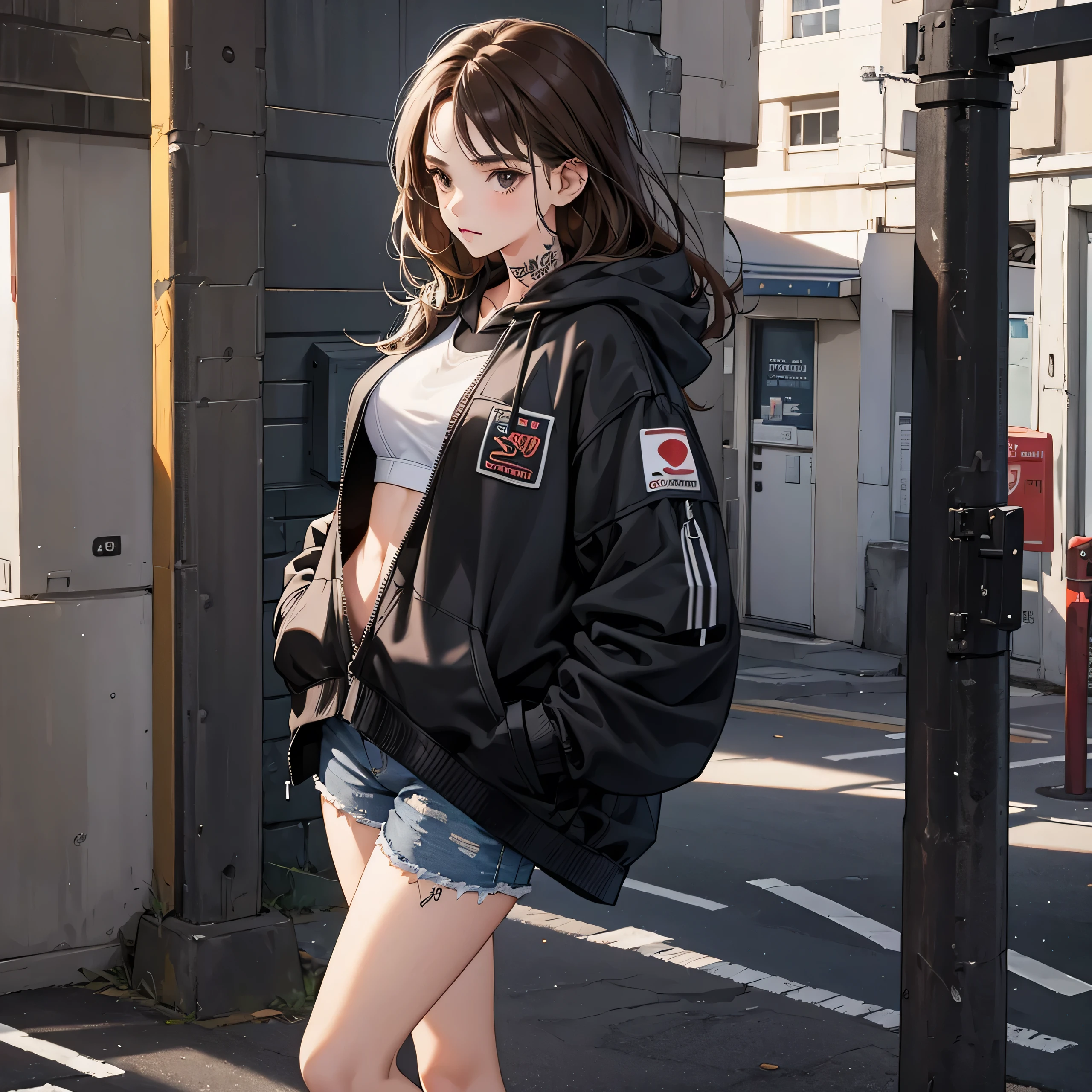 1girl, brown hair, black eyes, wearing black hoodie jacket, white sport bra, denim short, tattooed, hands into the pocket, street, look towards at the left, long shot