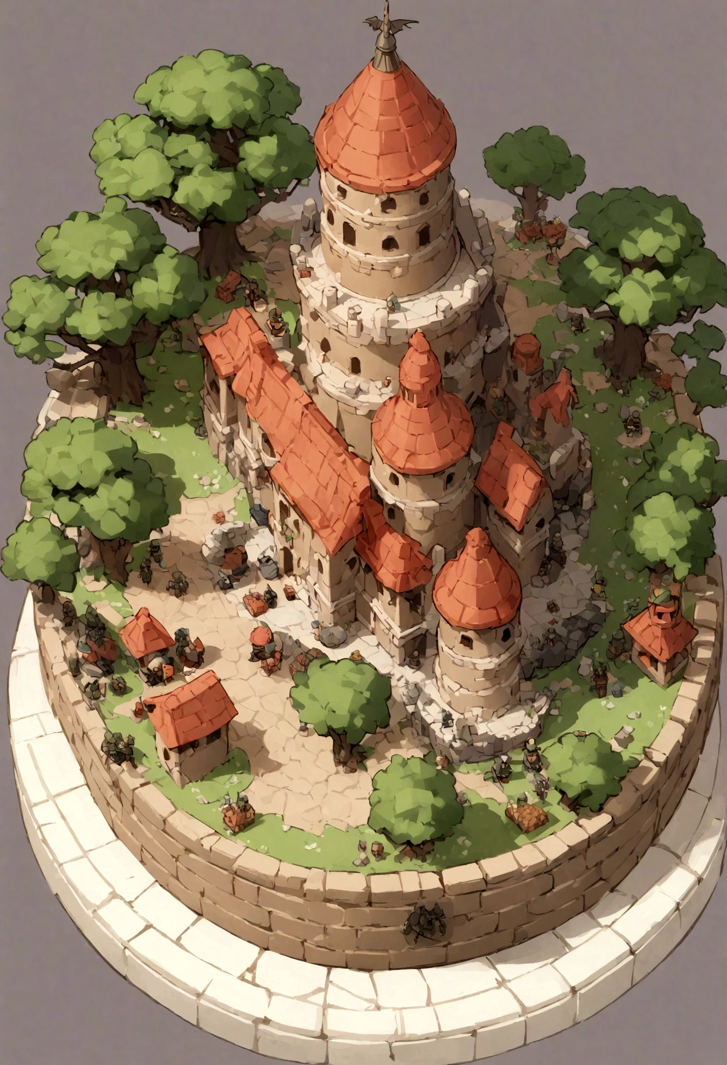 absurdres, best quality, fantasy, isometric, knolling style of (miniature brick round tower:1.2,Big Dragon,Soldier), tree, stone wall, (simple background:1.2),