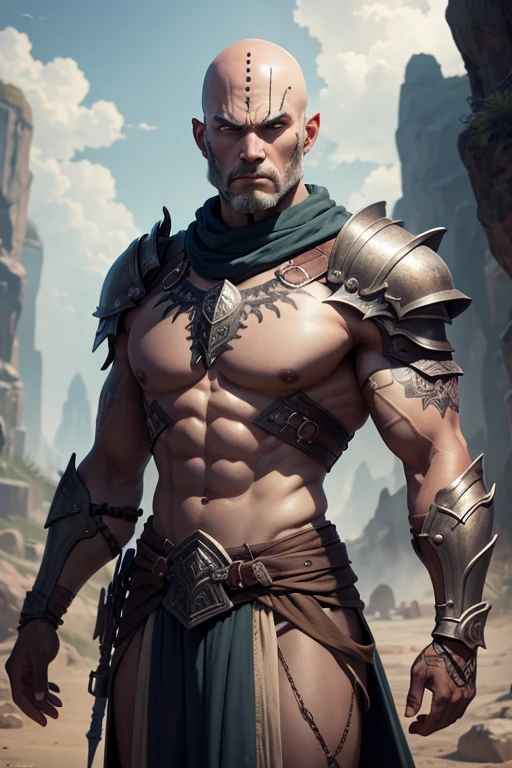Warrior carved from stone, very tall, height 2,5 meters, in lats, plate full armor, tattooed face, made of stone, gray skin, face tattoos, grey, armor, armor, armor, plate armor, giant, Shield and Sword, bald, without hair, wearing her helmet. Закованный в armor. Magic around and the cave. Goliath, DND, warrior, stone skin, tattoo, plate armor, shield, sword.