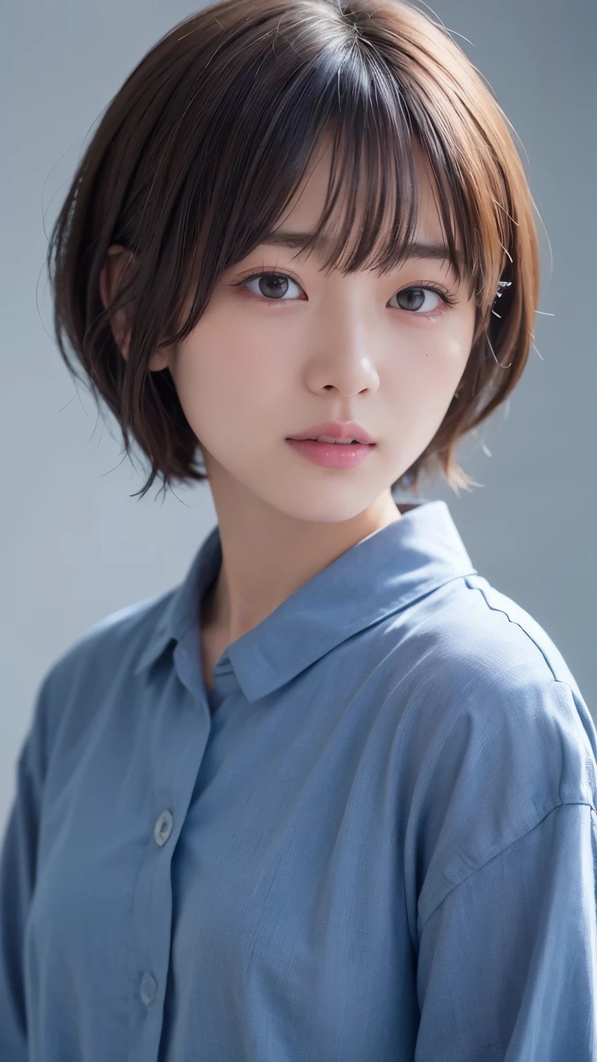 1 very cute girl、************、short hair、Gray Hair、Reduces hair volume、Blue background、Upper Body、(head shot:1.5)、Eyes focus、Collared shirt、Laughter、、(8k、RAW Photos、highest quality、masterpiece:1.2)、(Realistic、Realistic:1.3)、Hmph、The depth of the written world、Wide Light、High Contrast、(Shine:1.4)、chromatic aberration、Sharp focus、RAW color photos、Cinema Lighting、8K resolution、