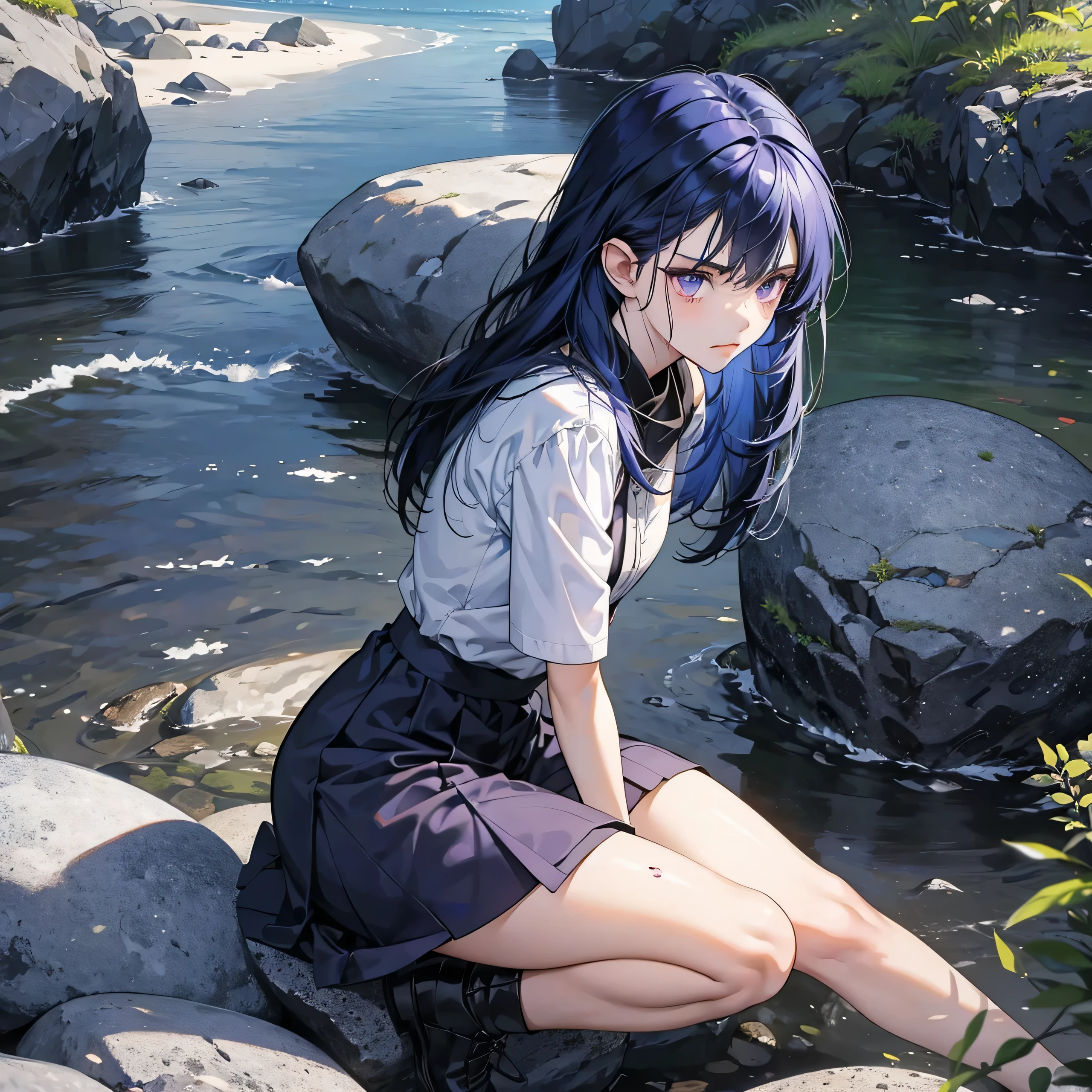 1girl, dark blue hair, purple eyes, bleeding, sitting on the rock, rock field, wounded, tired, angry face, looking at viewer, full body