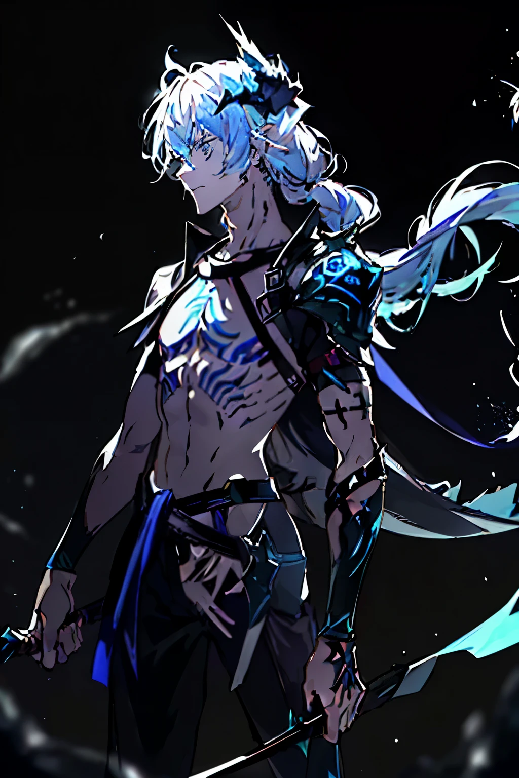 a 1.80 tall anime man (long silver hair) with (green eyes) with (an x-shaped scar on his forehead) and (several tattoos on his body with a blue color but the most striking is the one that resembles a dragon on his back) 

clothes (he wears a torn cloak and breastplate together and shoulder pads made from ancient plates with the symbol of two dragons) (black pants 

your weapon (it's a bow made of black steel with blue runes that attaches to a blue stone in the middle of the bow)