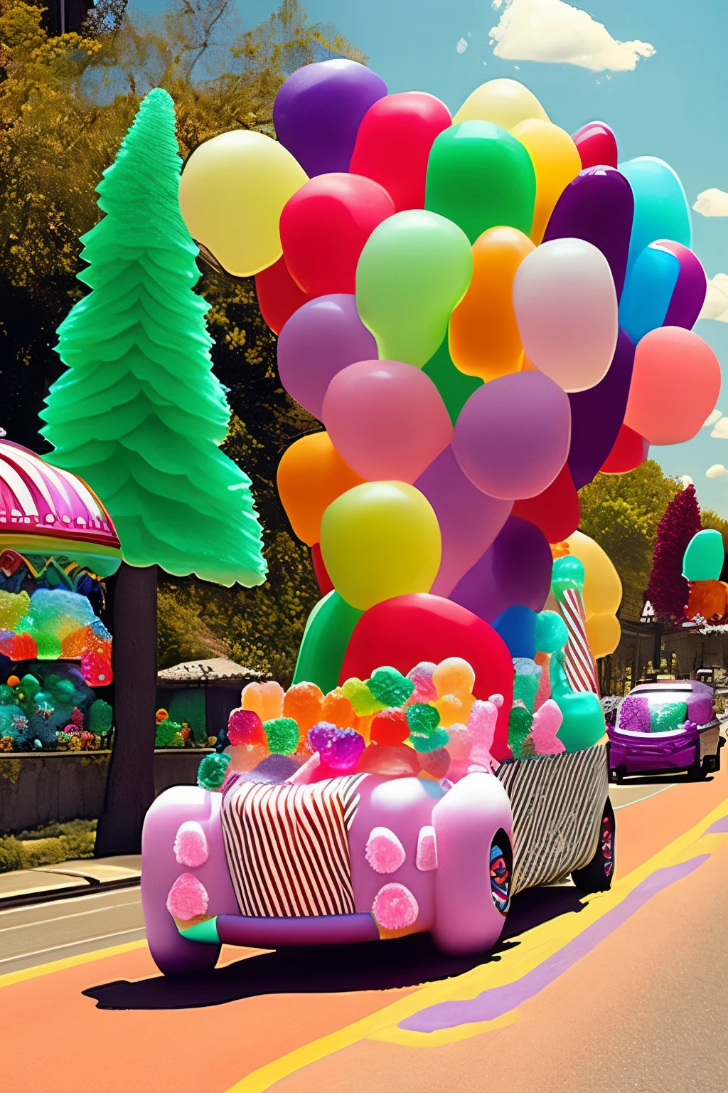 A delightful spectacle unfolds as a convoy of vibrant gummy bears navigate their way through a whimsical candy forest. The gummy bear car, shaped like a candy cane, leads the procession, adorned with multi-colored stripes and glistening with a sugary sheen. Following closely behind, individual gummy bears ride atop candy floss clouds, each one exuding a unique charm with their colorful exteriors.
The candy forest is a fantastical wonderland, with towering candy canes acting as trees and lollipop trunks stretching out on the ground. A plethora of sweets populates the landscape, from jelly bean bus