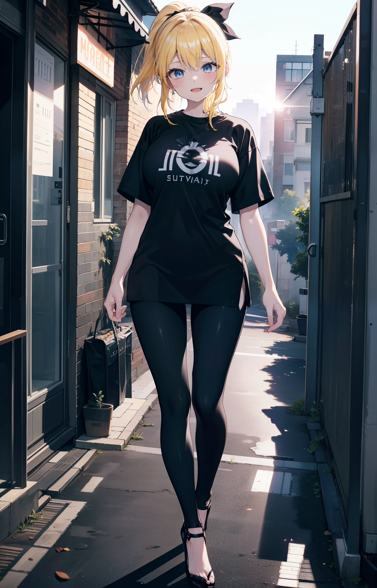 Eliase, catalyst, Yellow Hair, blue eyes,ponytail, Hair Ribbon,happy smile, smile, Open your mouth, Oversized black y-shirt,Big Breasts,black skinny pants,Stiletto heels,morning,morning陽,The sun is rising,walking,whole bodyがイラストに入るように,
break looking at viewer,whole body,
break outdoors, In town,
break (masterpiece:1.2), highest quality, High resolution, unity 8k wallpaper, (figure:0.8), (Beautiful fine details:1.6), Highly detailed face, Perfect lighting, Highly detailed CG, (Perfect hands, Perfect Anatomy),