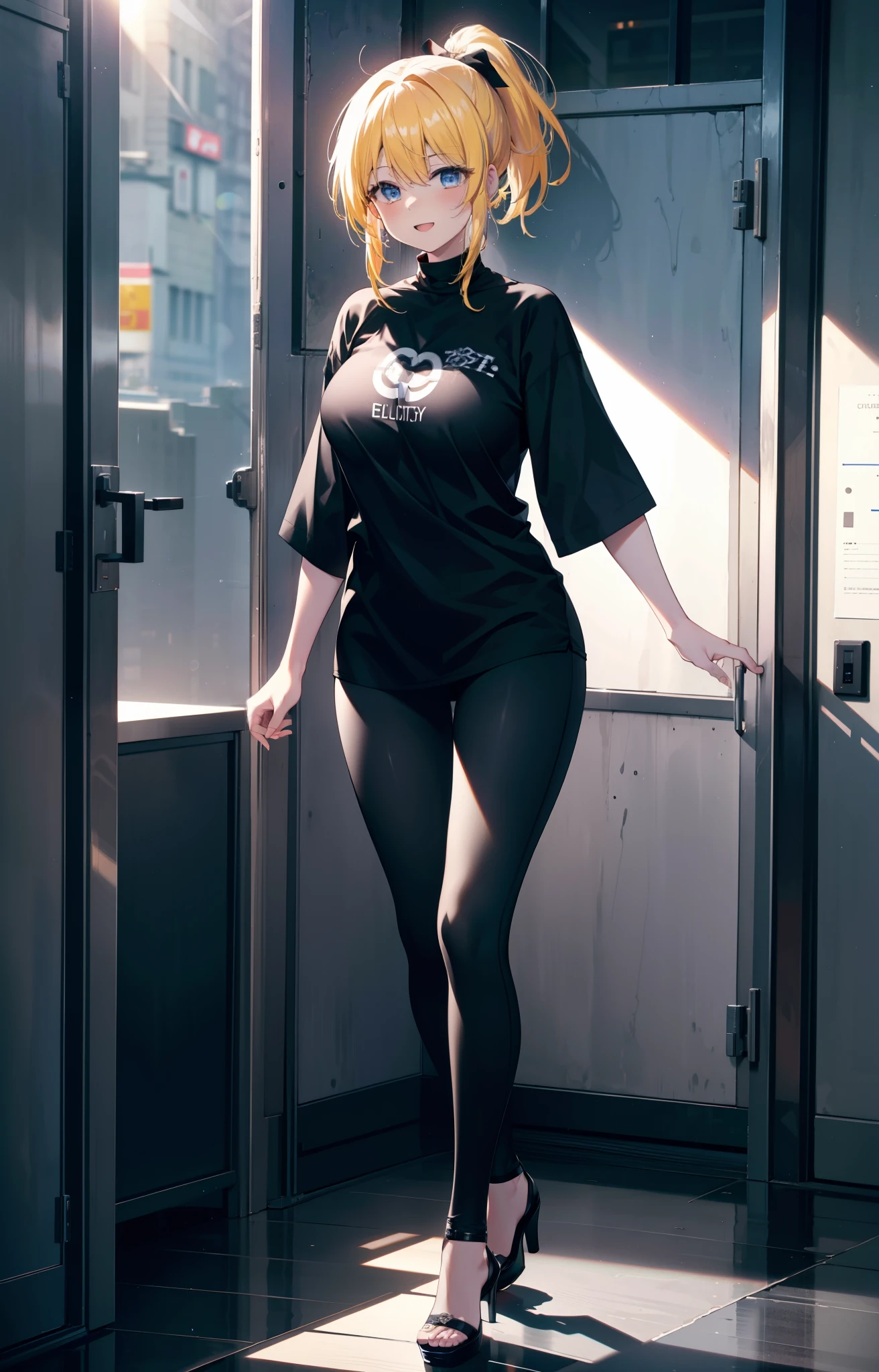 Eliase, catalyst, Yellow Hair, blue eyes,ponytail, Hair Ribbon,happy smile, smile, Open your mouth, Oversized black y-shirt,Big Breasts,black skinny pants,Stiletto heels,morning,morning陽,The sun is rising,walking,whole bodyがイラストに入るように,
break looking at viewer,whole body,
break outdoors, In town,
break (masterpiece:1.2), highest quality, High resolution, unity 8k wallpaper, (figure:0.8), (Beautiful fine details:1.6), Highly detailed face, Perfect lighting, Highly detailed CG, (Perfect hands, Perfect Anatomy),