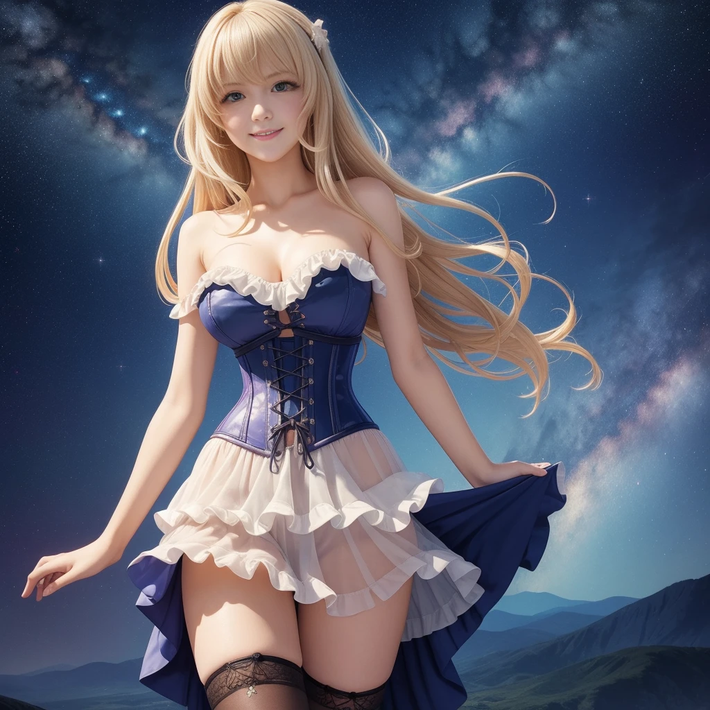 (masterpiece, best quality:1.2), cowboy shot, solo, 1girl, sheryl nome, smile, closed mouth, looking at viewer, strapless dress, corset, layered skirt, thighhighs, bare shoulders, outer space, star (sky)
