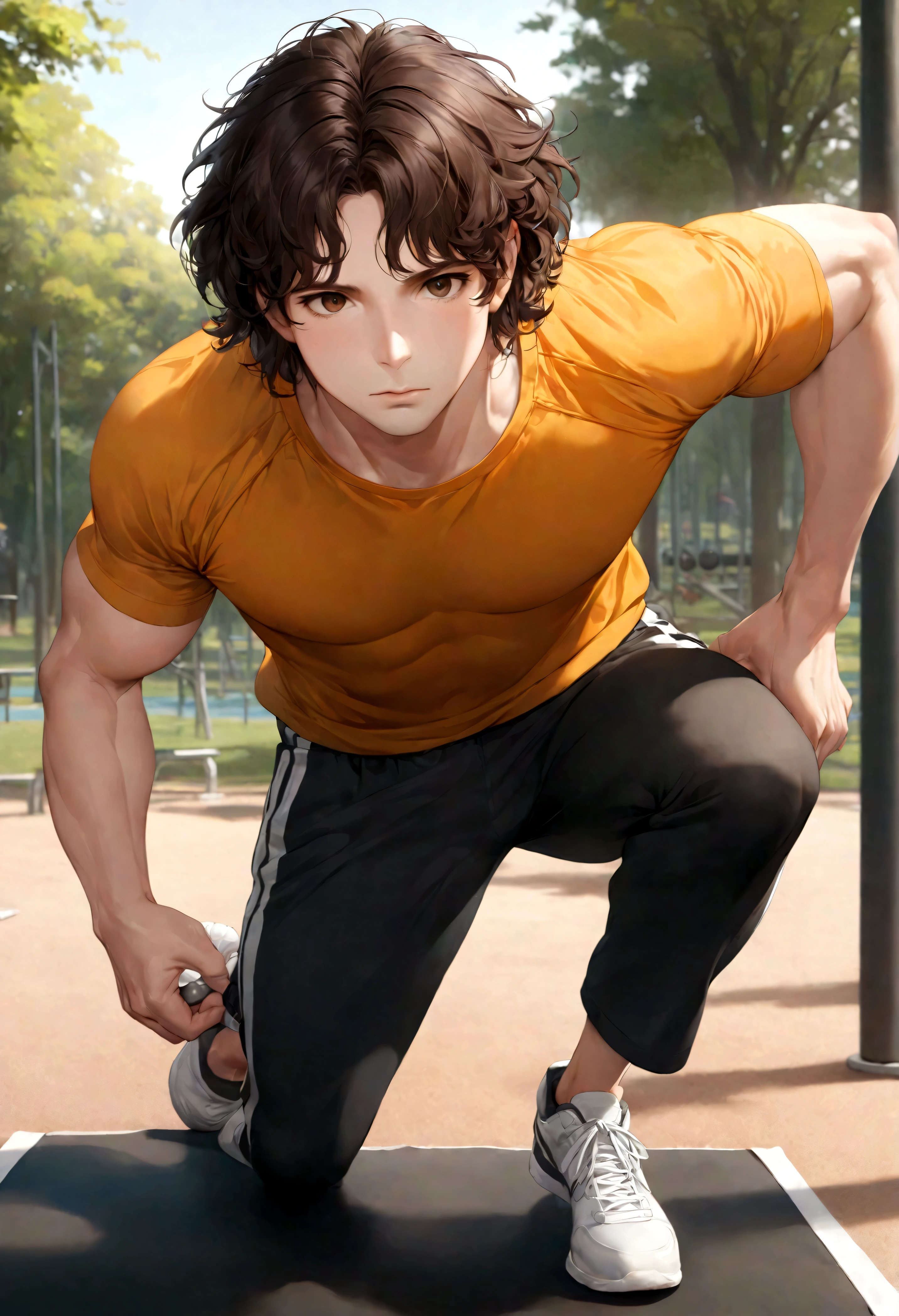 (ropa deportivo para hombre), ), (con barba rasurada,) (ojos color cafe claro), Aspecto atractivo y serio, Dark brown hair, ropa para hacer ejercicio, Un hombre similar al actor Jim Morrison, (Imagen realista y de alta calidad), fondo en el parque, zona para hacer ejercicio, gym, ((La mejor calidad, 8K, obra maestra).((dynamic pose))