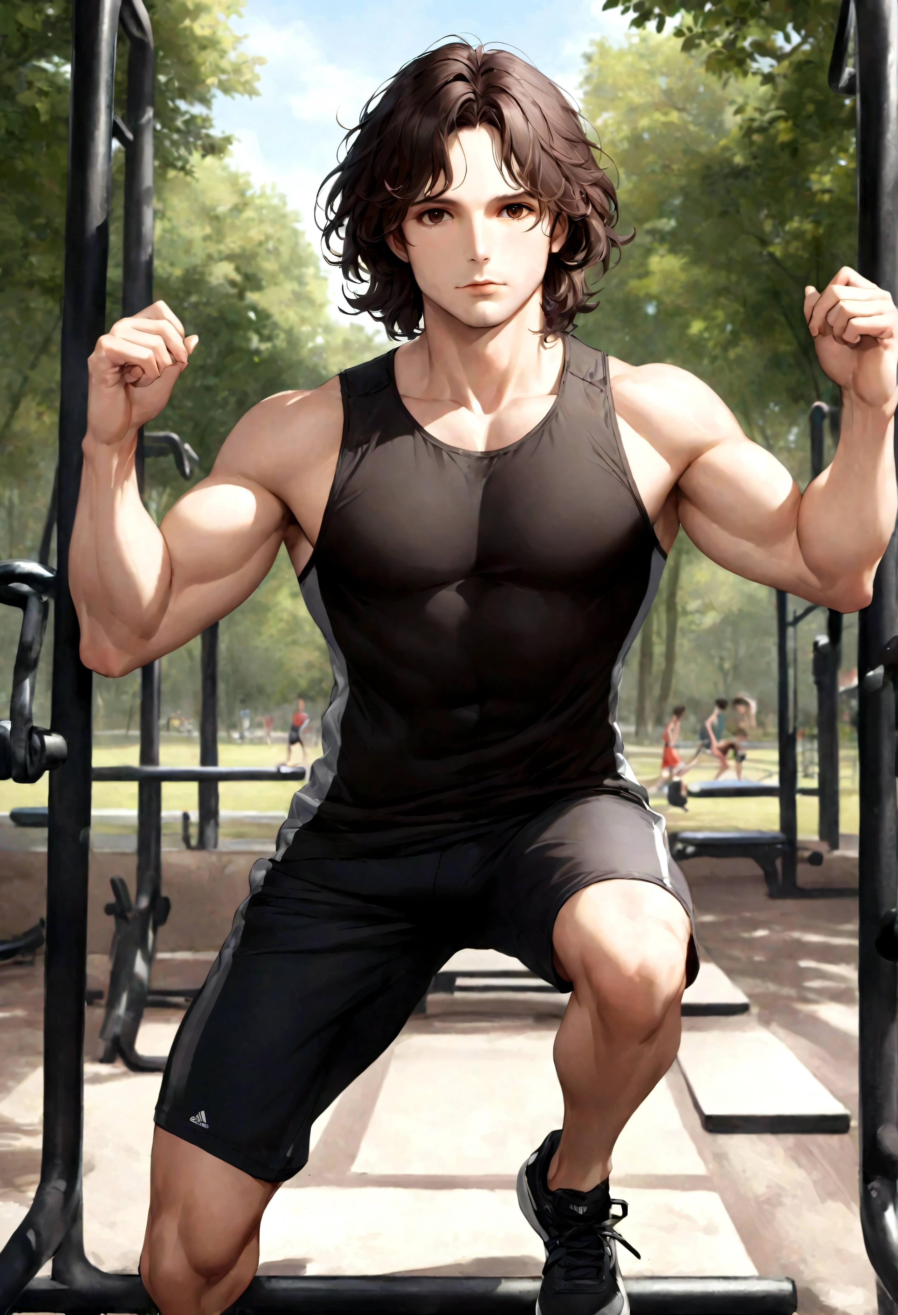 (ropa deportivo para hombre), ), (con barba rasurada,) (ojos color cafe claro), Aspecto atractivo y serio, Dark brown hair, ropa para hacer ejercicio, Un hombre similar al actor Jim Morrison, (Imagen realista y de alta calidad), fondo en el parque, zona para hacer ejercicio, gym, ((La mejor calidad, 8K, obra maestra).((dynamic pose))