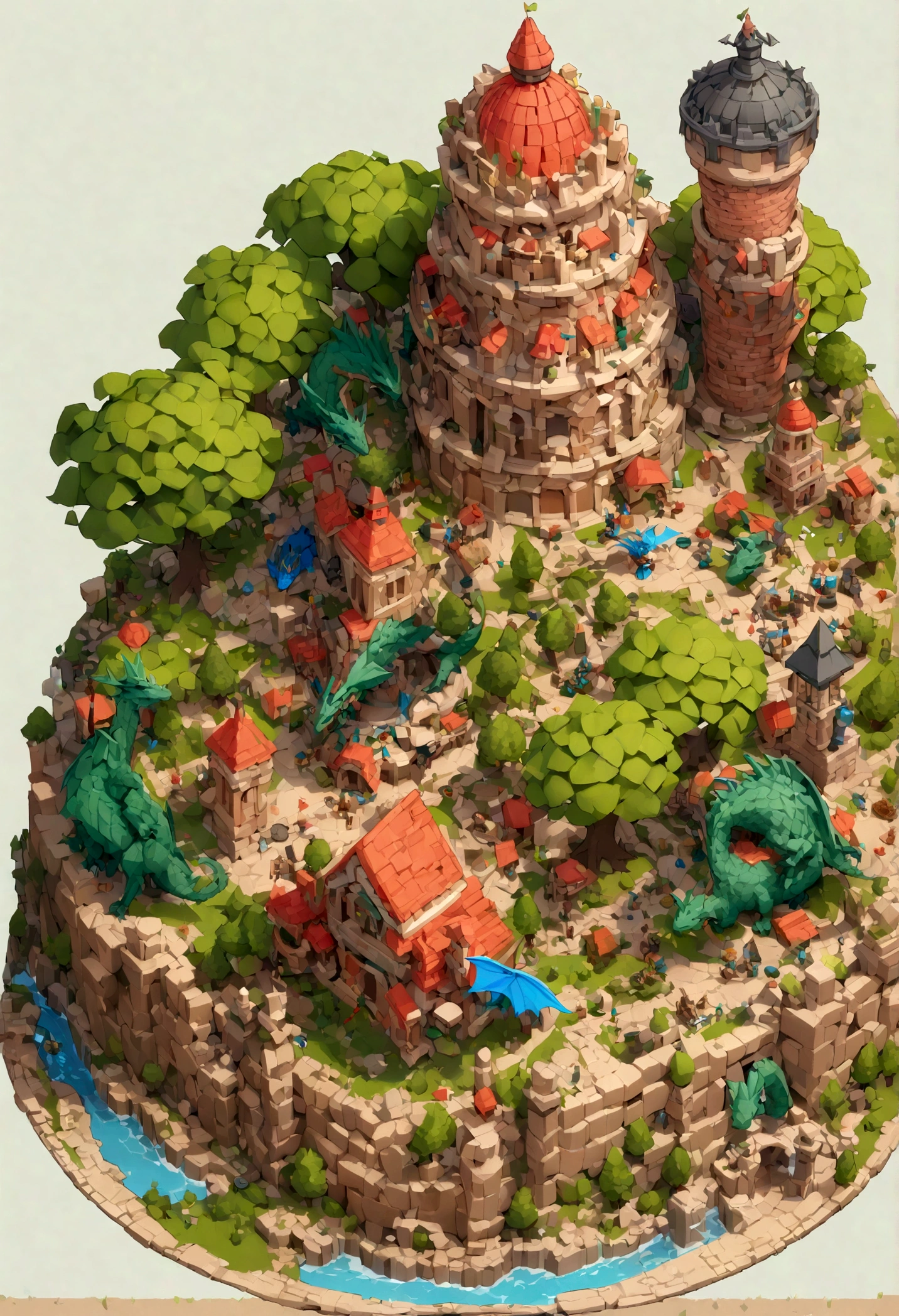 absurdres, best quality, fantasy, isometric, knolling style of (miniature brick round tower:1.3,Big Dragon,Soldier), tree, stone wall, (simple background:1.2),