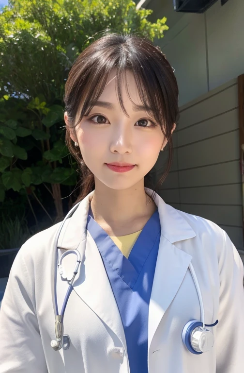 (White、Doctor's coat:1.3) Momoko's face had a mysterious sexual allure, with her plump lips and droopy eyes that seemed to be fawning on the man.。She has a completely female look.。23 years old。nursing teacher。(This is school)