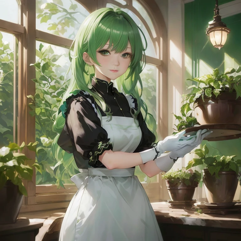 anime character with green hair and white apron holding a tray of plants, a maid in a magical forest, marin kitagawa fanart, tatsumaki, cushart krenz key art feminine, crisp clear rpg portrait, official art, maid outfit, anime girl in a maid costume, official character art, rin, maid, gorgeous maid, high detailed official artwork