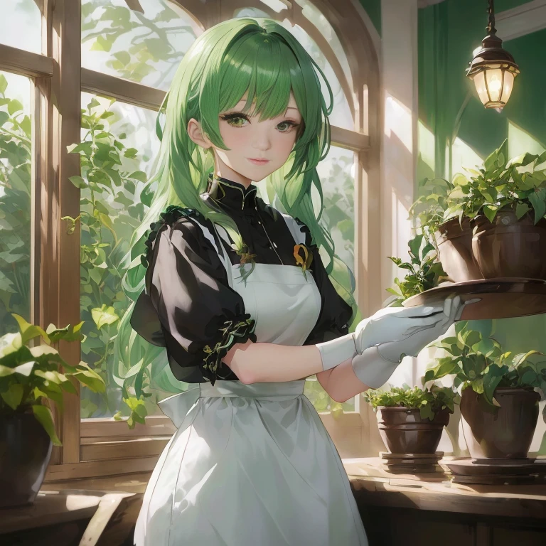 anime character with green hair and white apron holding a tray of plants, a maid in a magical forest, marin kitagawa fanart, tatsumaki, cushart krenz key art feminine, crisp clear rpg portrait, official art, maid outfit, anime girl in a maid costume, official character art, rin, maid, gorgeous maid, high detailed official artwork