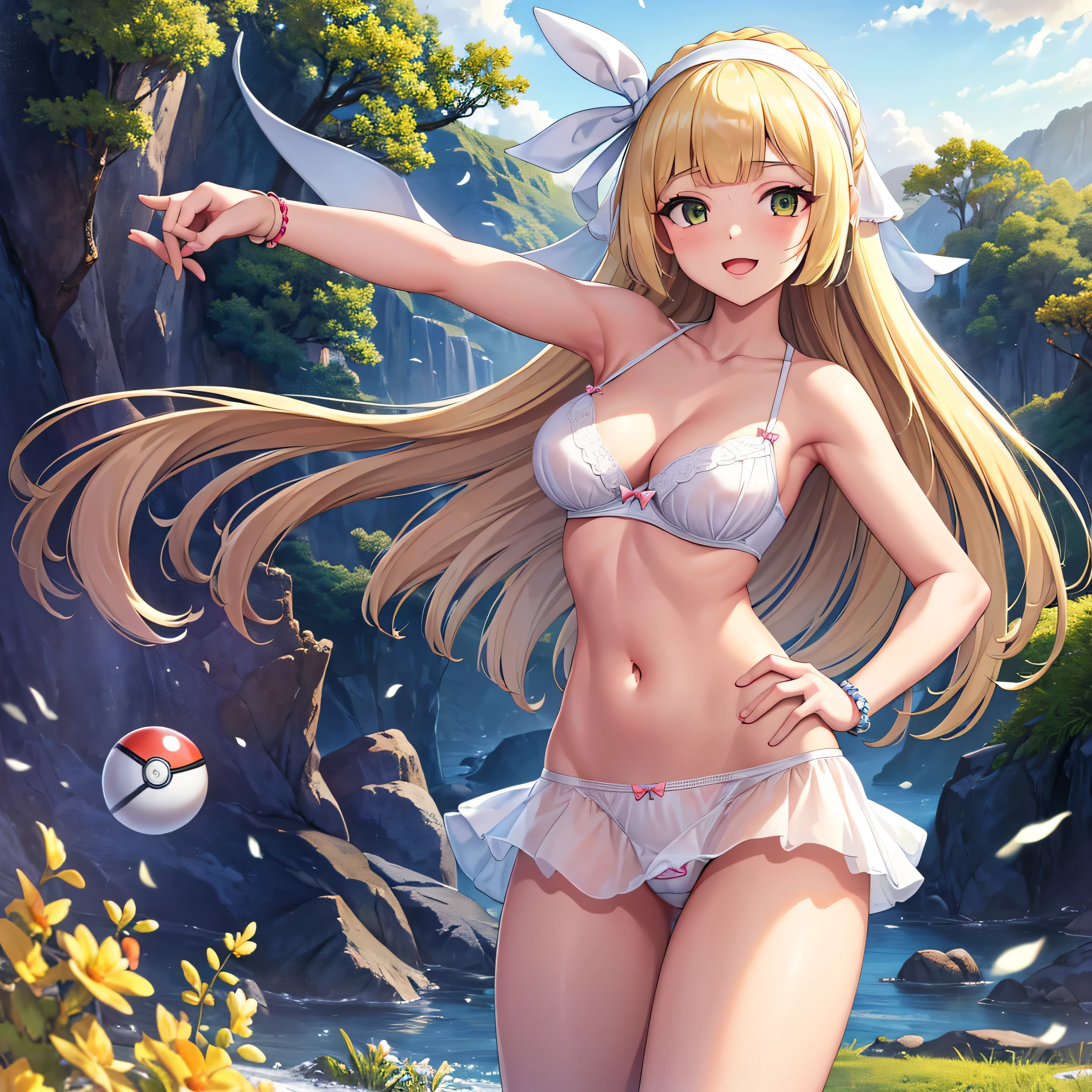 (masterpiece:1.2), (best quality), (ultra detailed), (8k, 4k, intricate),(full-body-shot:1), (highly detailed:1.2),(detailed face:1.2), (detailed background),detailed landscape, ((portrait)), (dynamic pose:1.2) lillie \(pokemon\), long hair, freckles, 1girl, ((solo)), breasts, looking at viewer, smile, open mouth, ribbon, jewelry, medium breasts, white bra, white panties, nsfw, collarbone, hair ribbon, cowboy shot, hairband, bracelet, white ribbon, hand on hip, index finger raised, poke ball, poke ball (basic), bow hairband,