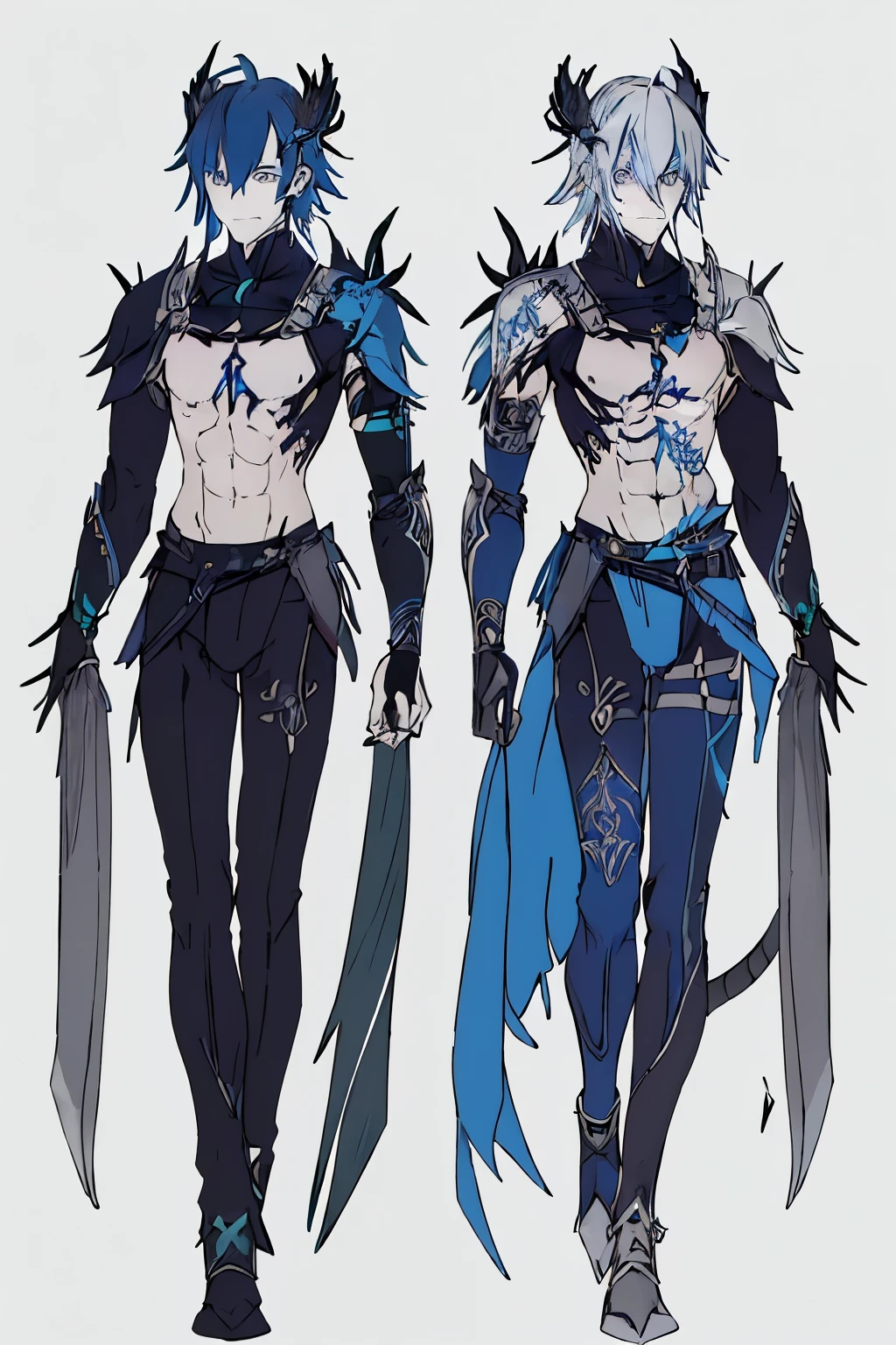 a 1.80 tall anime man (long silver hair) with (green eyes) with (an x-shaped scar on his forehead) and (several tattoos on his body with a blue color but the most striking is the one that resembles a dragon on his back) 

clothes (he wears a torn cloak and breastplate together and shoulder pads made from ancient plates with the symbol of two dragons) (black pants 

your weapon (it's a bow made of black steel with blue runes that attaches to a blue stone in the middle of the bow)