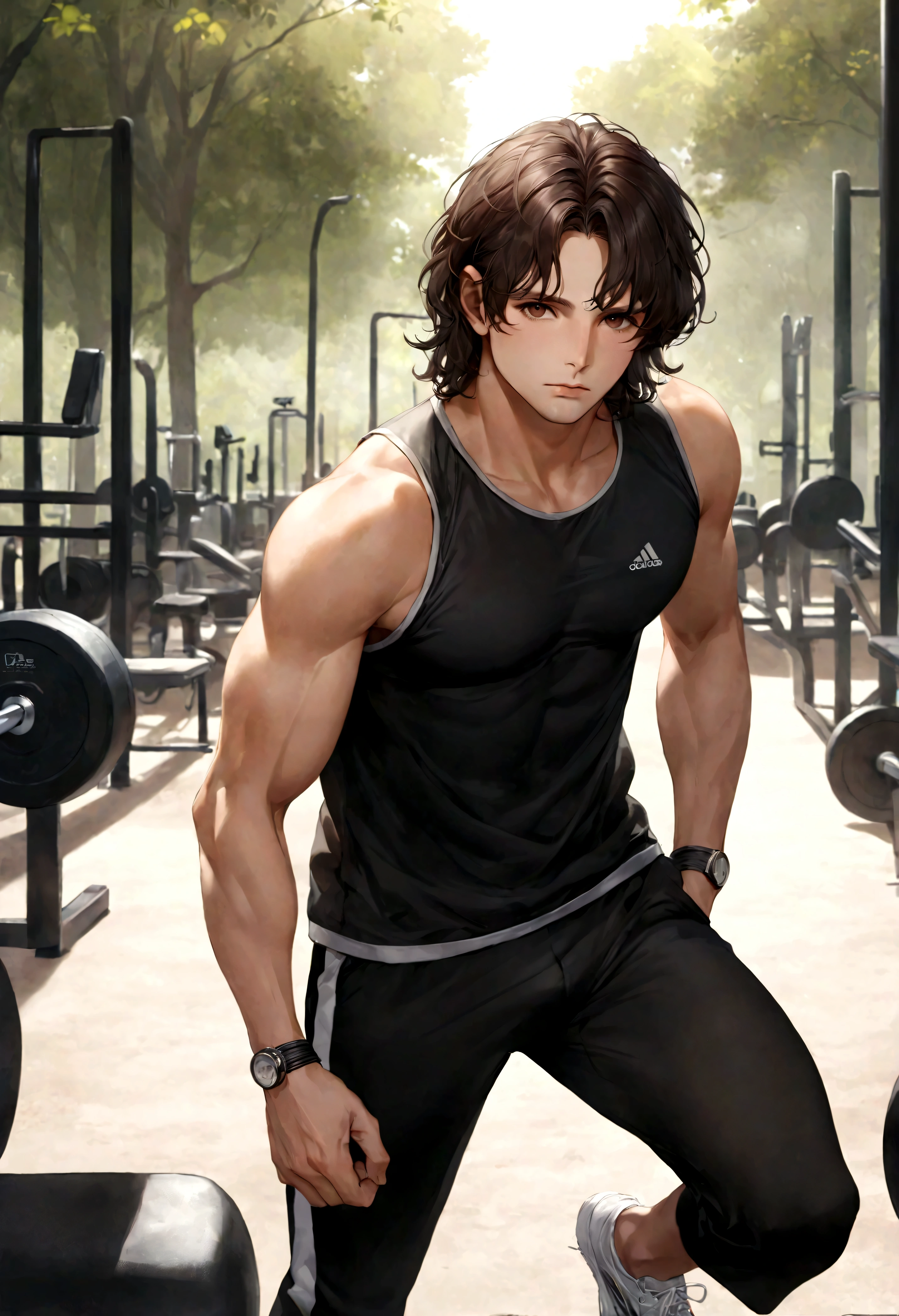(ropa deportivo para hombre), ), (con barba rasurada,) (ojos color cafe claro), Aspecto atractivo y serio, Dark brown hair, ropa para hacer ejercicio, Un hombre similar al actor Jim Morrison, (Imagen realista y de alta calidad), fondo en el parque, zona para hacer ejercicio, gym,  ((La mejor calidad, 8K, obra maestra).((dynamic pose))