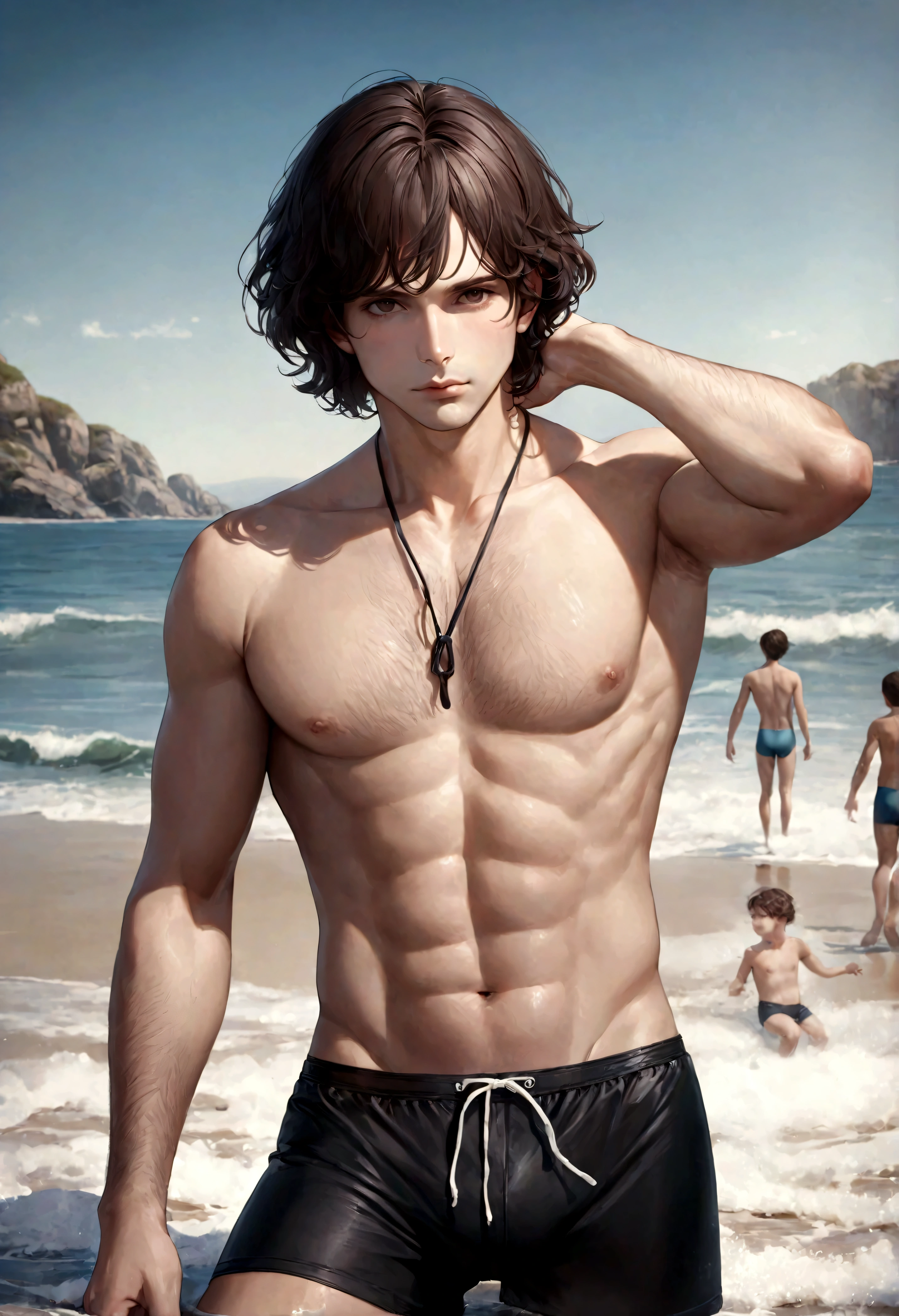 (swimwear for men), ), (con barba ,) (ojos color cafe claro), Aspecto atractivo y serio, Dark brown hair, swimming clothes, Un hombre similar al actor Jim Morrison, (Imagen realista y de alta calidad), fondo en la playa, se ve el mar, ((La mejor calidad, 8K, obra maestra).((dynamic pose))