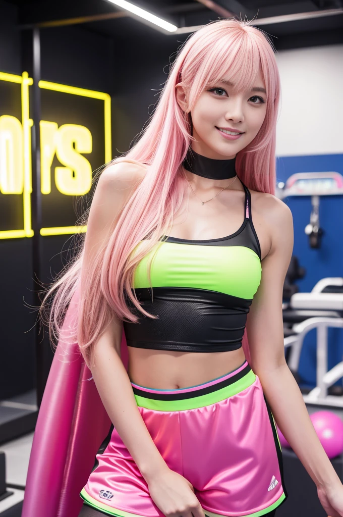 Tall sporty Swedish model、bright smile、、、whole body、very long sparkling stylish hair、、、dramatic pose、Good style、、、、、、、、fluorescent pink and yellow sparkling glowing tight shorts costume、strapless top、、Pink Blonde Hair、、、cyber belt、large sparkling shiny very detailed training gym background