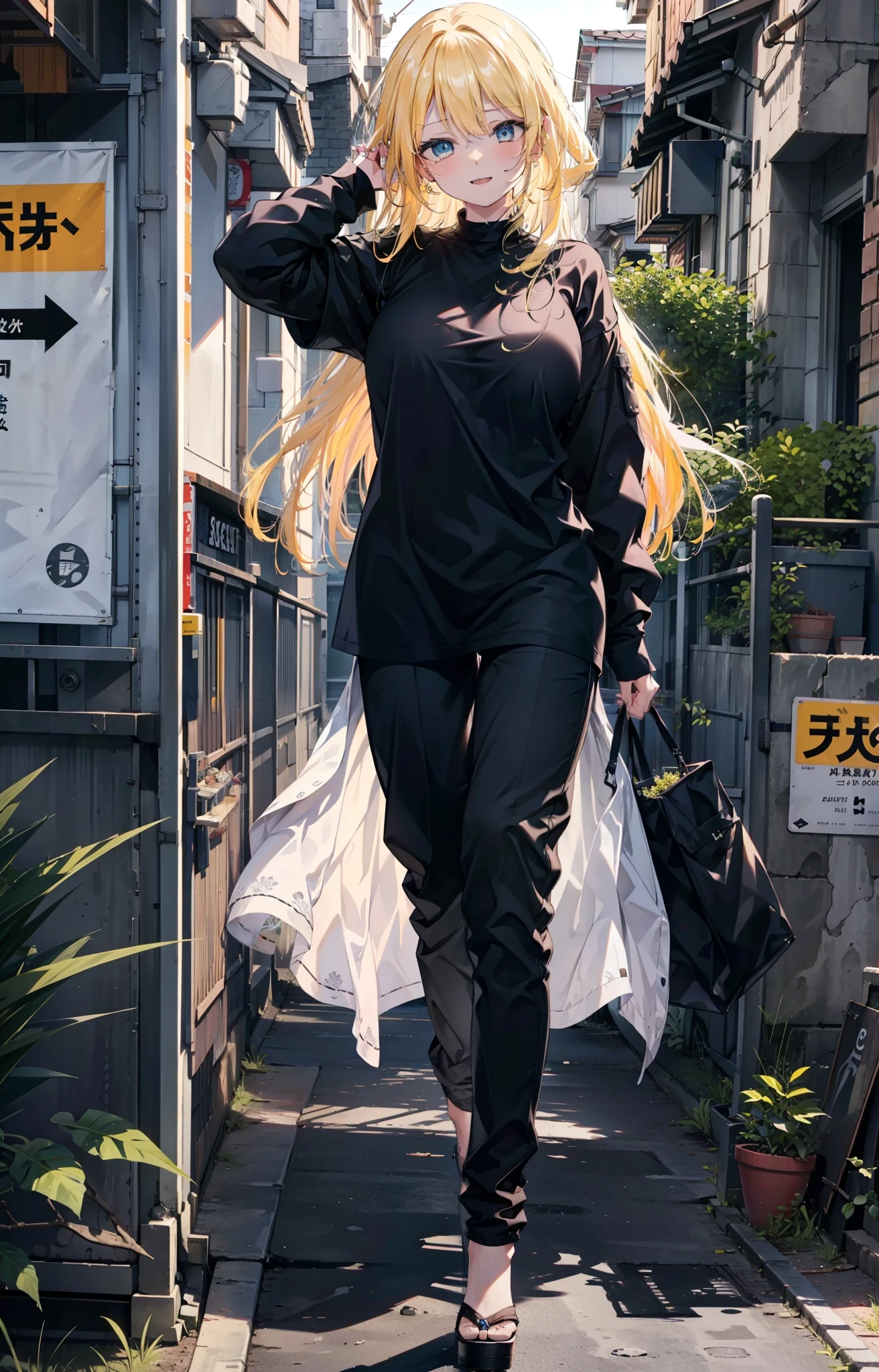 Eliase, catalyst, Yellow Hair, blue eyes,Long Hair,happy smile, smile, Open your mouth, Oversized black y-shirt,Big Breasts,black skinny pants,Stiletto heels,morning,morning陽,The sun is rising,walking,whole bodyがイラストに入るように,
break looking at viewer,whole body,
break outdoors, In town,
break (masterpiece:1.2), highest quality, High resolution, unity 8k wallpaper, (figure:0.8), (Beautiful fine details:1.6), Highly detailed face, Perfect lighting, Highly detailed CG, (Perfect hands, Perfect ???????),