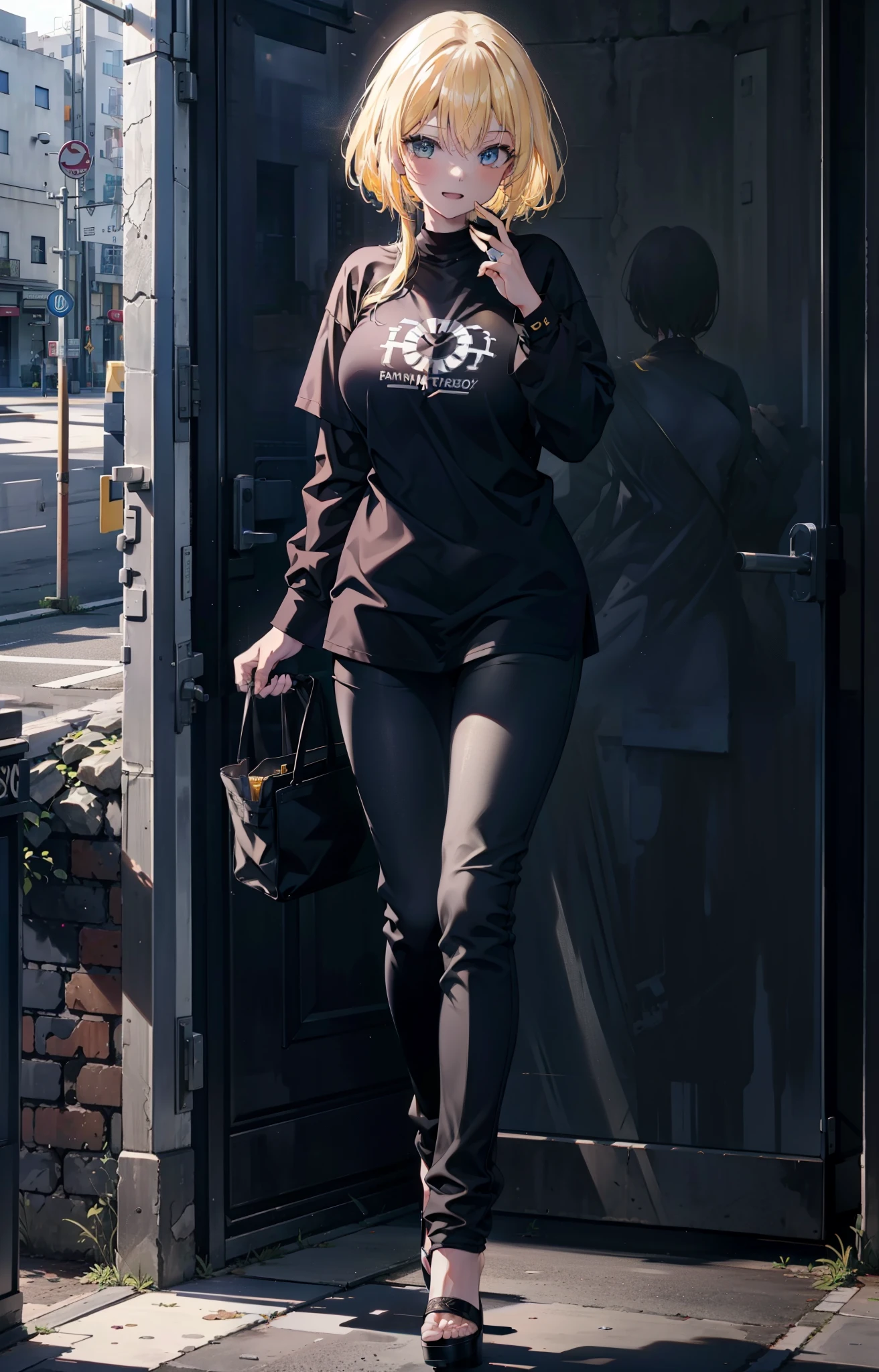 Eliase, catalyst, Yellow Hair, blue eyes,Long Hair,happy smile, smile, Open your mouth, Oversized black y-shirt,Big Breasts,black skinny pants,Stiletto heels,morning,morning陽,The sun is rising,walking,whole bodyがイラストに入るように,
break looking at viewer,whole body,
break outdoors, In town,
break (masterpiece:1.2), highest quality, High resolution, unity 8k wallpaper, (figure:0.8), (Beautiful fine details:1.6), Highly detailed face, Perfect lighting, Highly detailed CG, (Perfect hands, Perfect Anatomy),