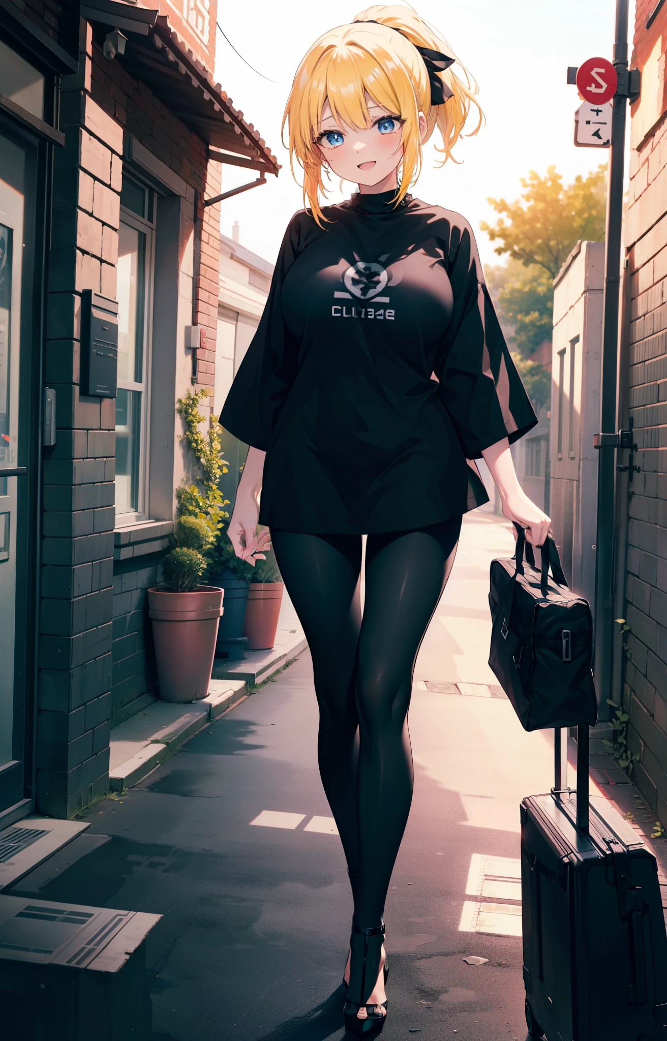 Eliase, catalyst, Yellow Hair, blue eyes,ponytail, Hair Ribbon,happy smile, smile, Open your mouth, Oversized black y-shirt,Big Breasts,black skinny pants,Stiletto heels,morning,morning陽,The sun is rising,walking,whole bodyがイラストに入るように,
break looking at viewer,whole body,
break outdoors, In town,
break (masterpiece:1.2), highest quality, High resolution, unity 8k wallpaper, (figure:0.8), (Beautiful fine details:1.6), Highly detailed face, Perfect lighting, Highly detailed CG, (Perfect hands, Perfect Anatomy),