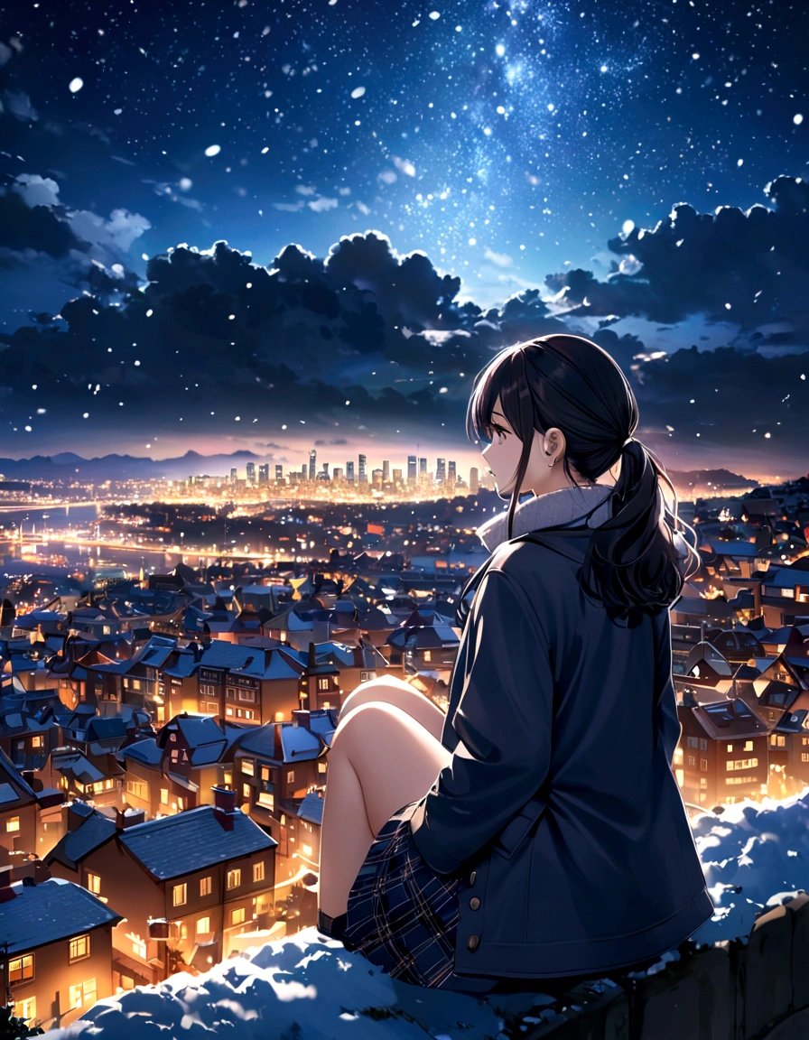 ((masterpiece)), ((top-quality)), (hight resolution:1.2), (extremely detailed CG unified 8k wallpaper),(Promotional posters:1.4), (beautiful night scene:1.4),Midnight,midwinter,(cloudy ash sky:1.2),((snowflakes falling)),((Snowflake),Near and far law,((Wear a long coat)),on a hill,Sit on the ground,((Detailed distant cityscape)),Residential area,condominium,apartament,looking at the city,serene ambiance,eye reflections,Colorcon,(Quintab Tail+1.2),glowing earrings,Profile of the character,1 cute high school girl,(large full breasts),f/2.8 35mm,captured on canon eos r 6,Cute Uniform,Plaid miniskirt,knit,Photorealsitic,Background Focus,Panoramic Photography