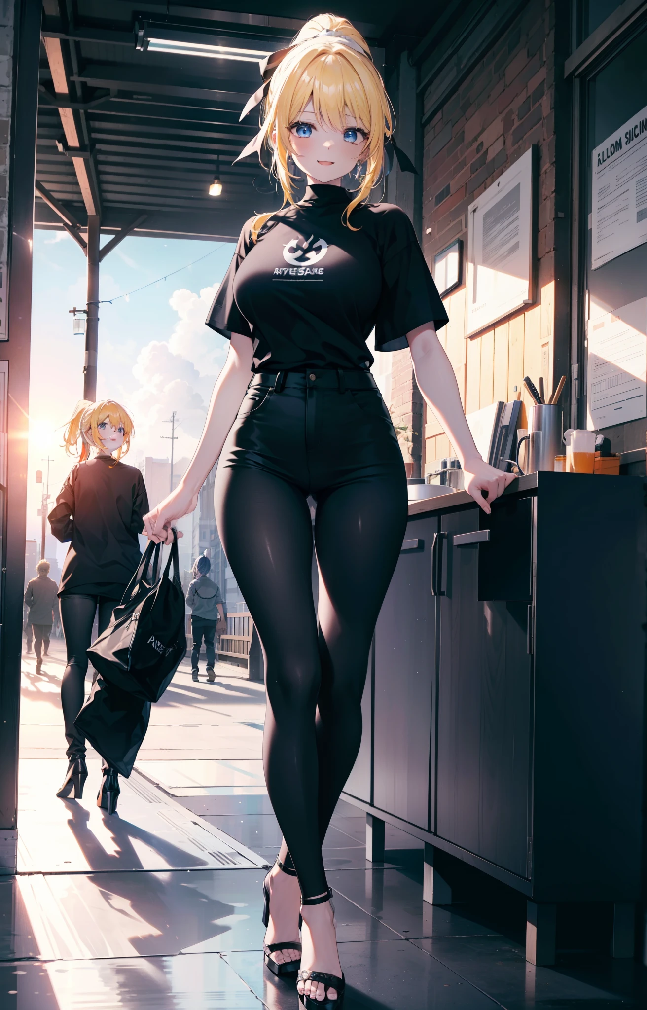 Eliase, catalyst, Yellow Hair, blue eyes,ponytail, Hair Ribbon,happy smile, smile, Open your mouth, Oversized black y-shirt,Big Breasts,black skinny pants,Stiletto heels,morning,morning陽,The sun is rising,walking,whole bodyがイラストに入るように,
break looking at viewer,whole body,
break outdoors, In town,
break (masterpiece:1.2), highest quality, High resolution, unity 8k wallpaper, (figure:0.8), (Beautiful fine details:1.6), Highly detailed face, Perfect lighting, Highly detailed CG, (Perfect hands, Perfect Anatomy),