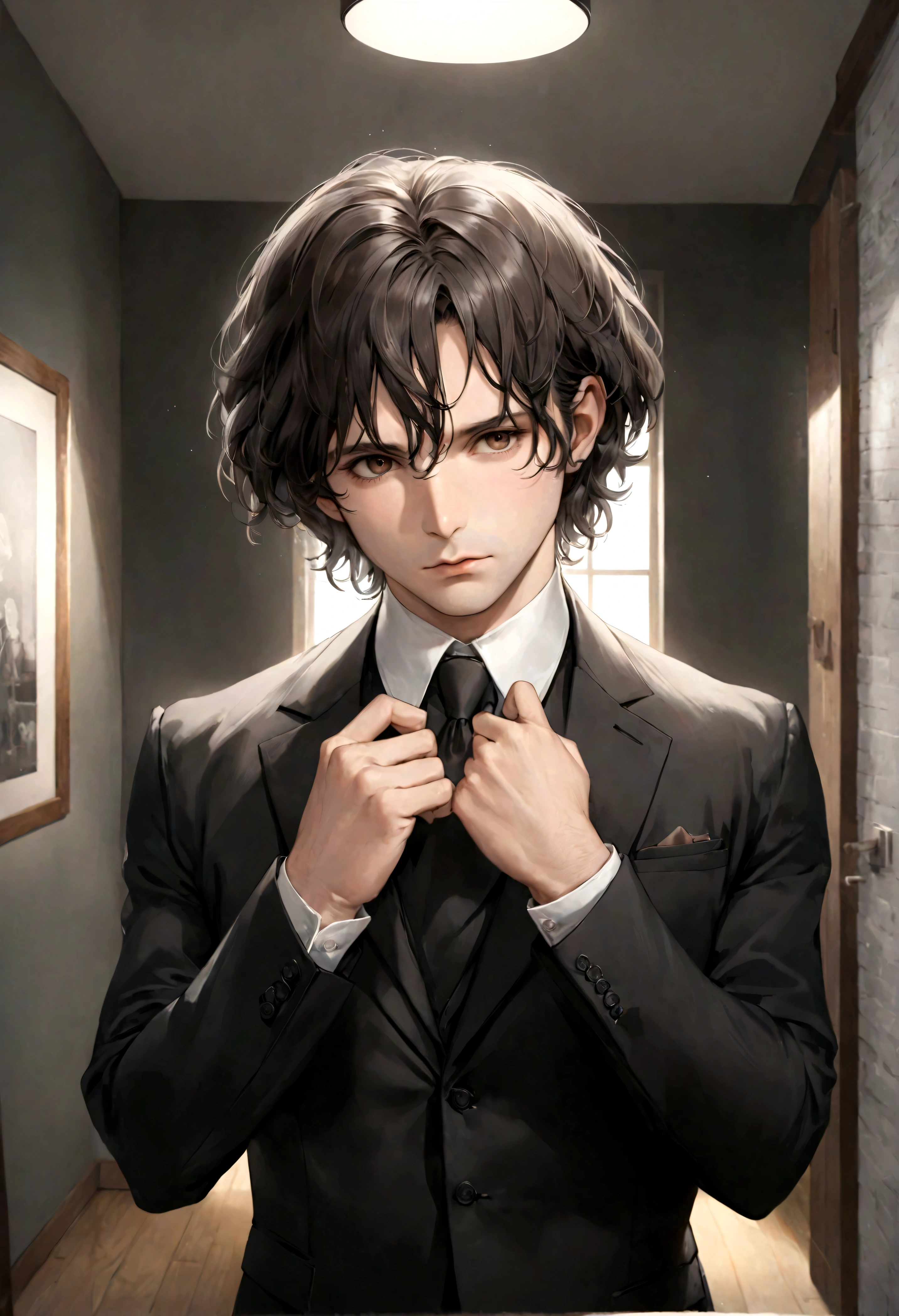 (traje de etiqueta para hombre), ), (con poca barba,) (ojos color cafe claro), Aspecto atractivo y serio, cabello oscuro, Elegante y con estilo, Un hombre similar al actor Jim Morrison, (Imagen realista y de alta calidad), Apartamento escandinavo en el fondo estilo estudio, ((La mejor calidad, 8K, obra maestra).((dynamic pose))